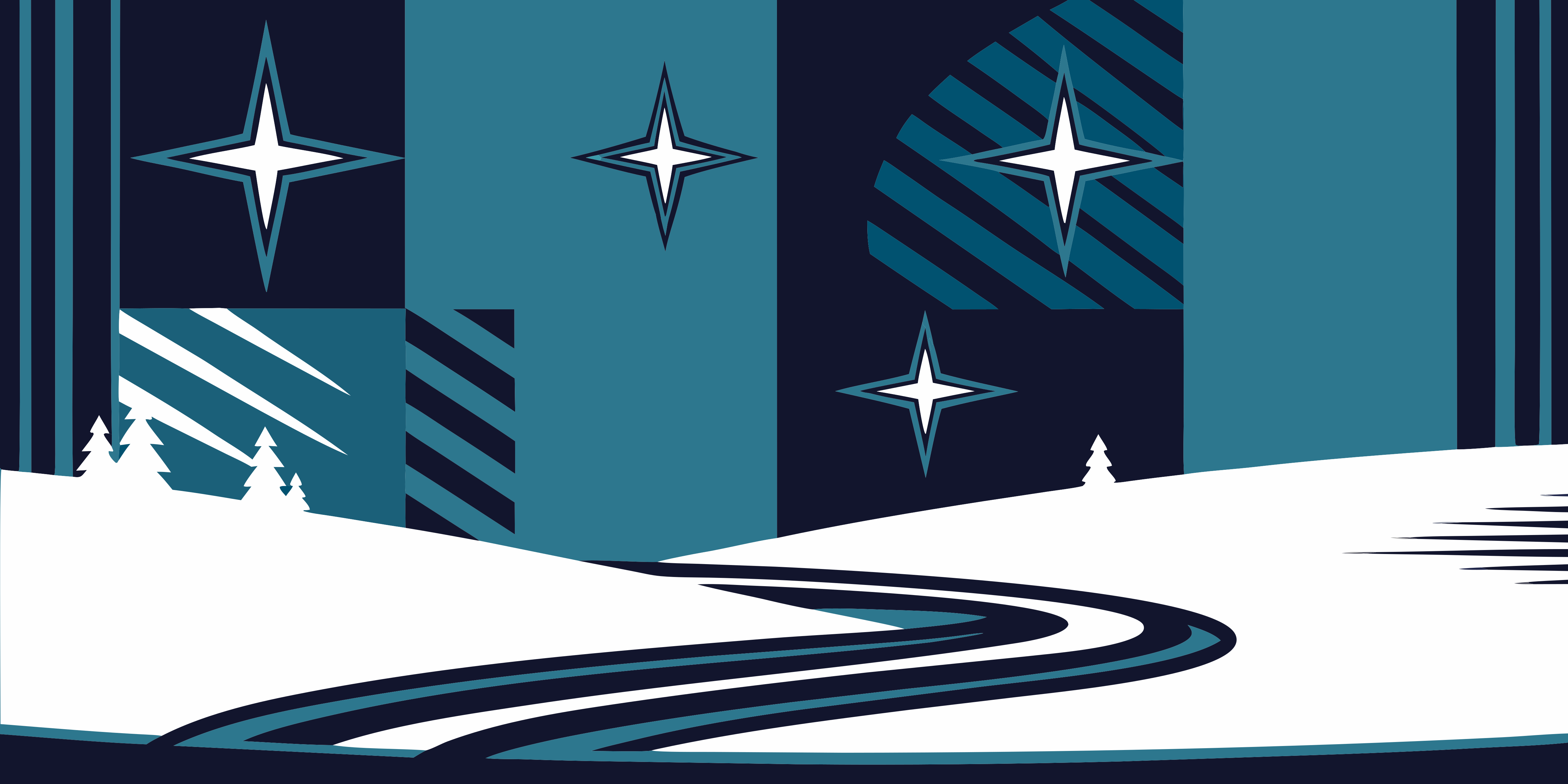 Blue and white winter landscape with stars and winding road.