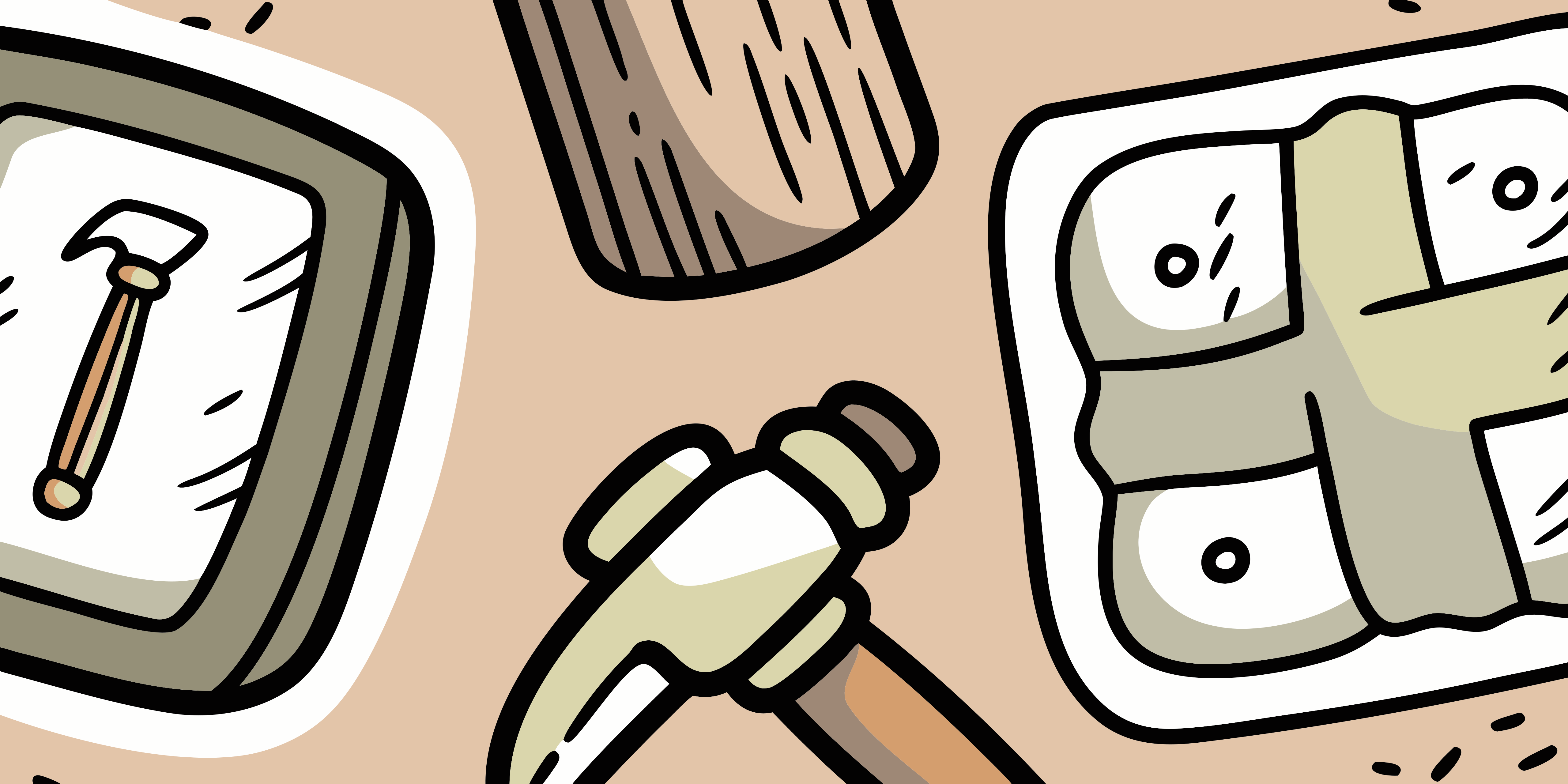 Illustrated tools, hammers, wooden block, and a compartmentalized tray.