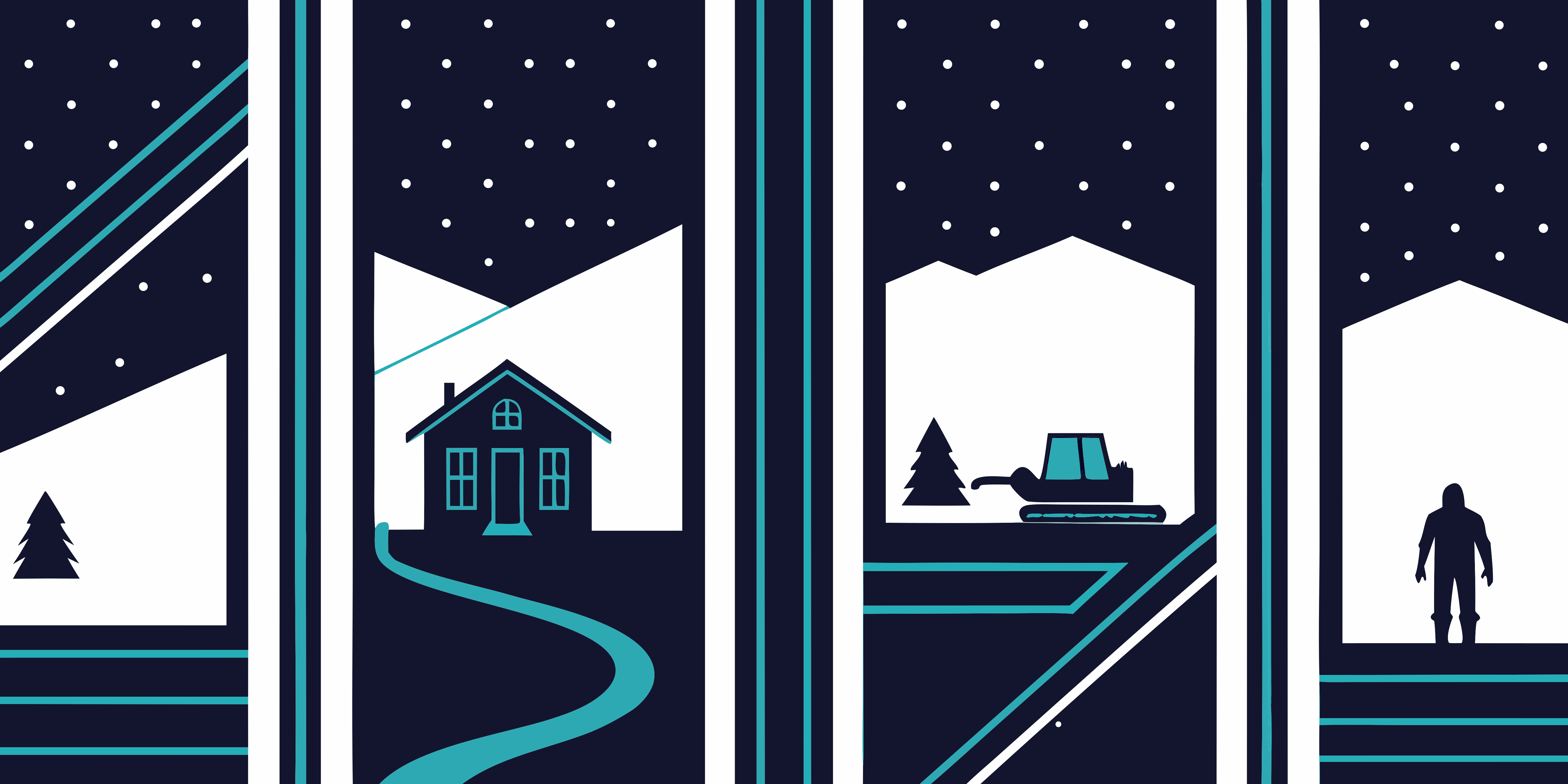 Stylized winter night landscapes with house, snowplow, and person.