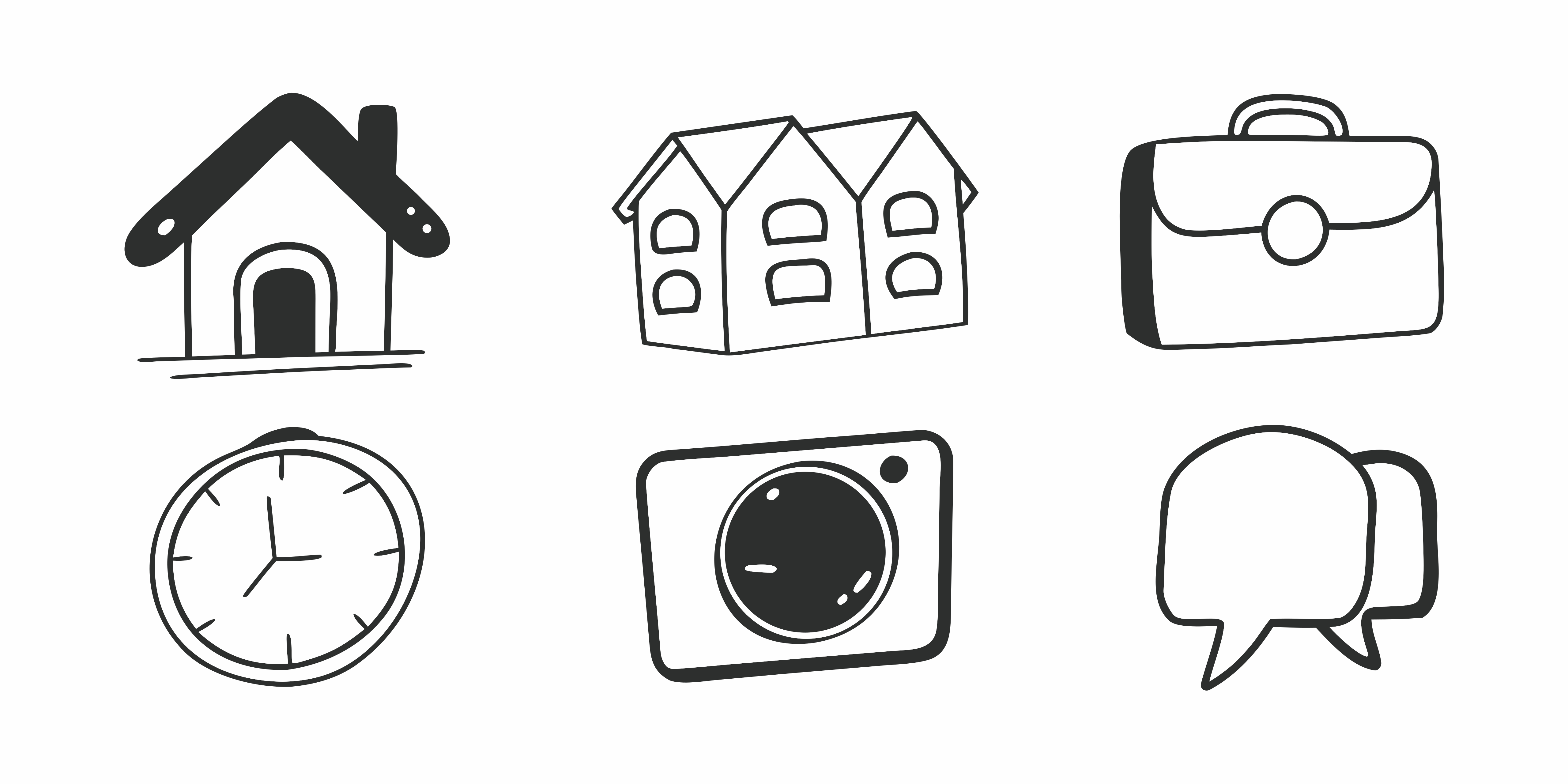 Various hand-drawn icons including houses, briefcase, clock, camera, speech bubble.