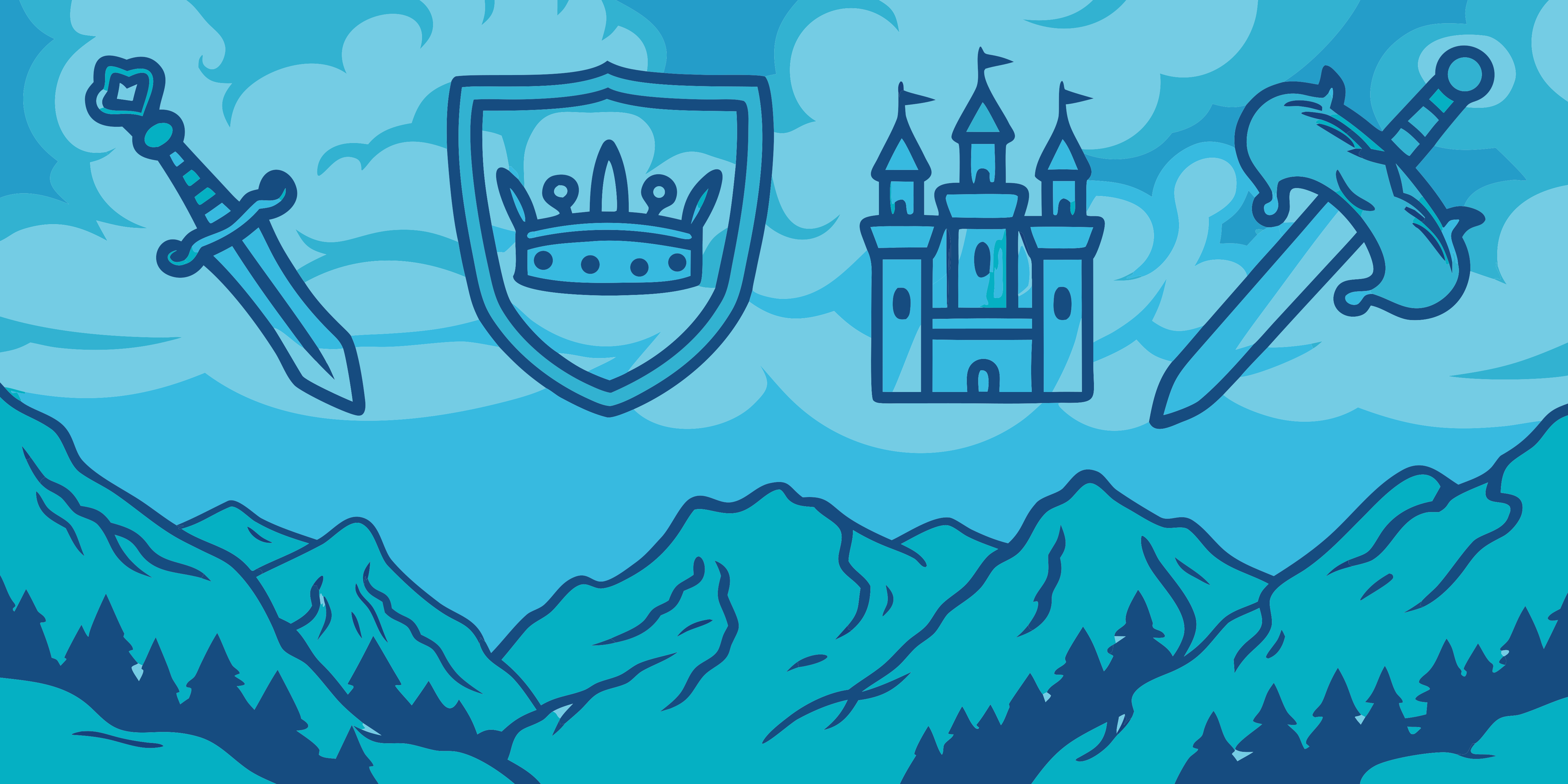 Fantasy symbols like swords, shield, and castle over mountains.