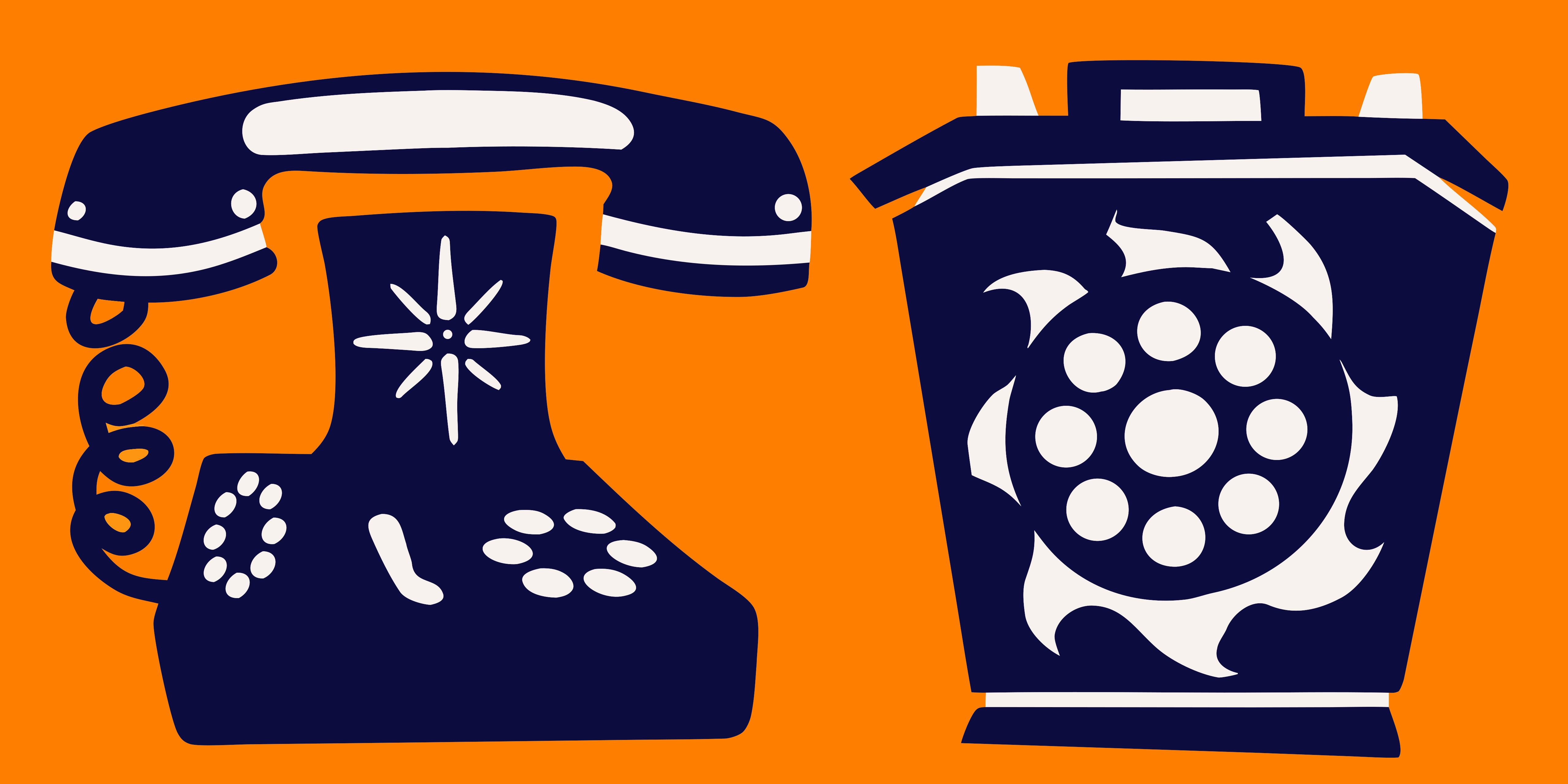 Dark blue rotary telephone and trash can on orange background.