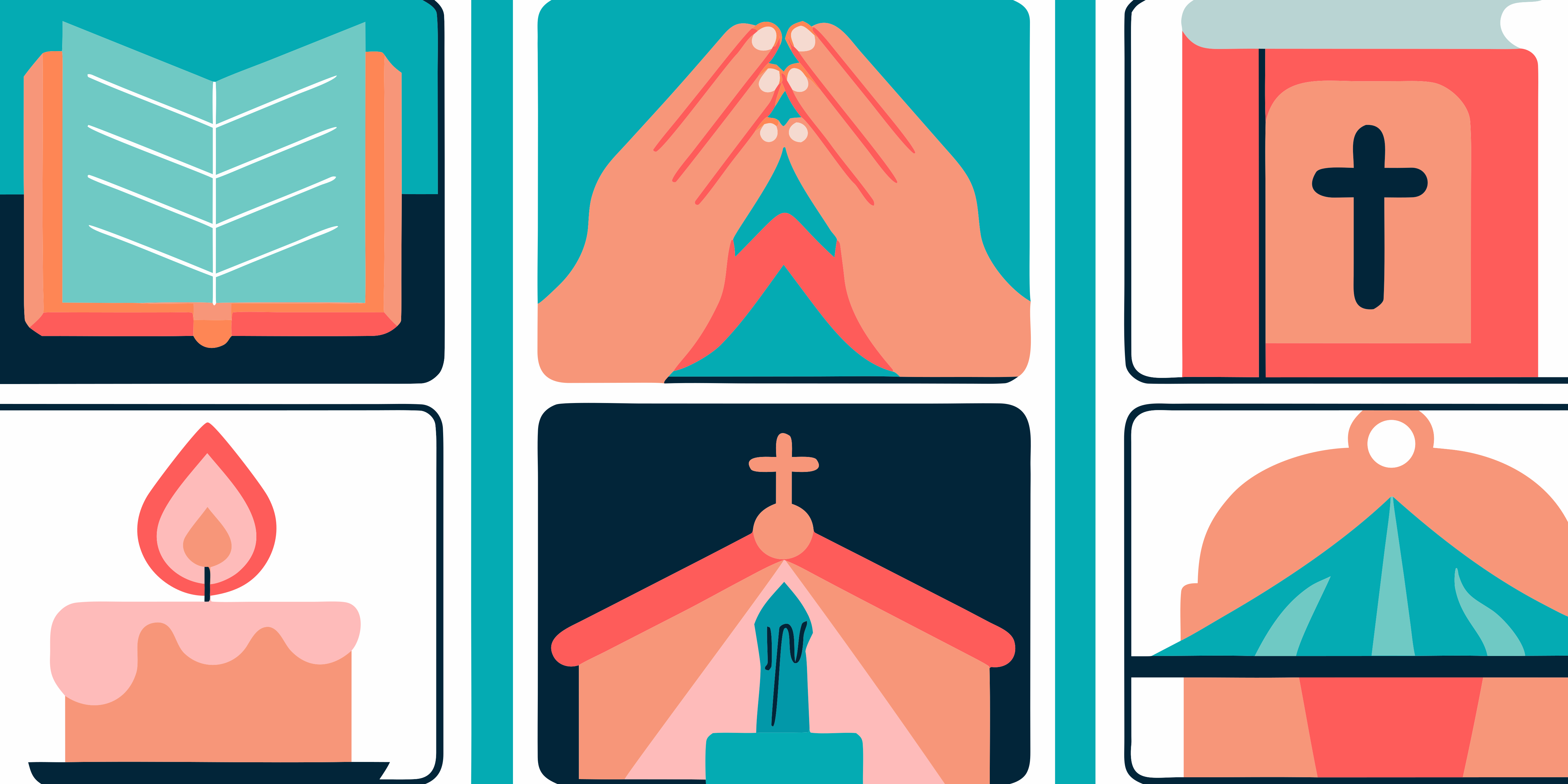 Six religious icons: bible, praying hands, church, candle, and temple.