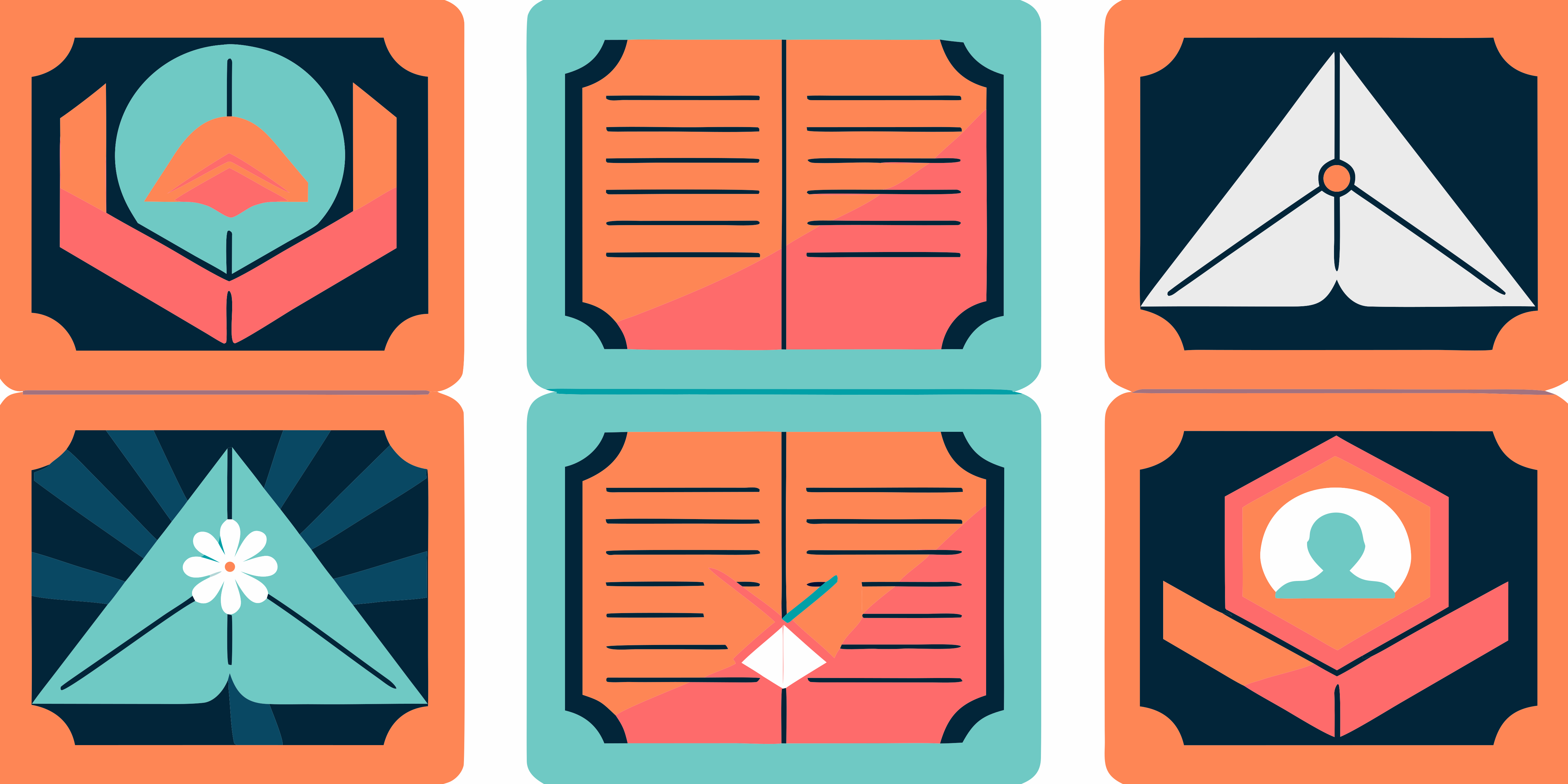 Six colorful abstract icons and documents in a grid.
