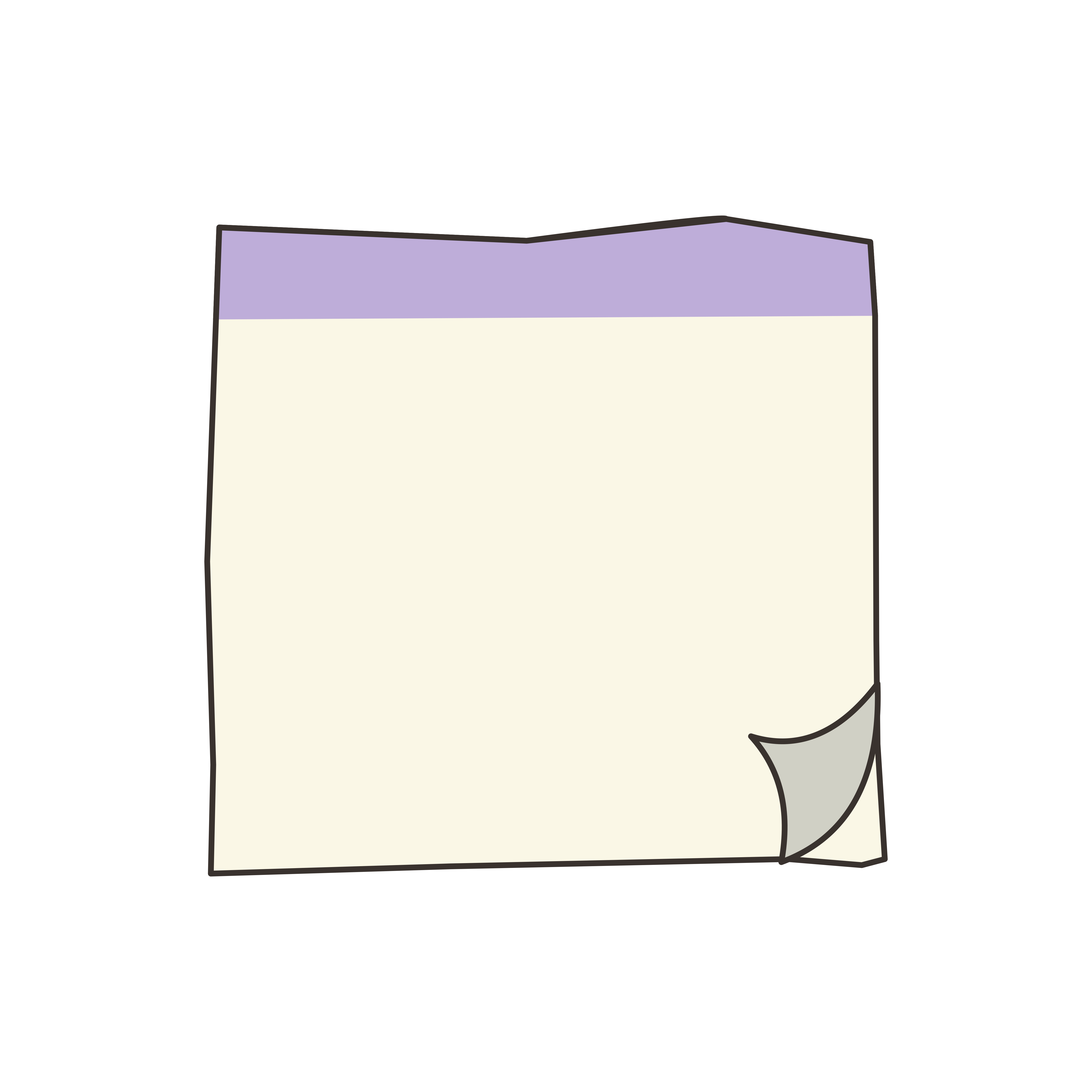 Post-it bianco con testatura viola e angolo arricciato