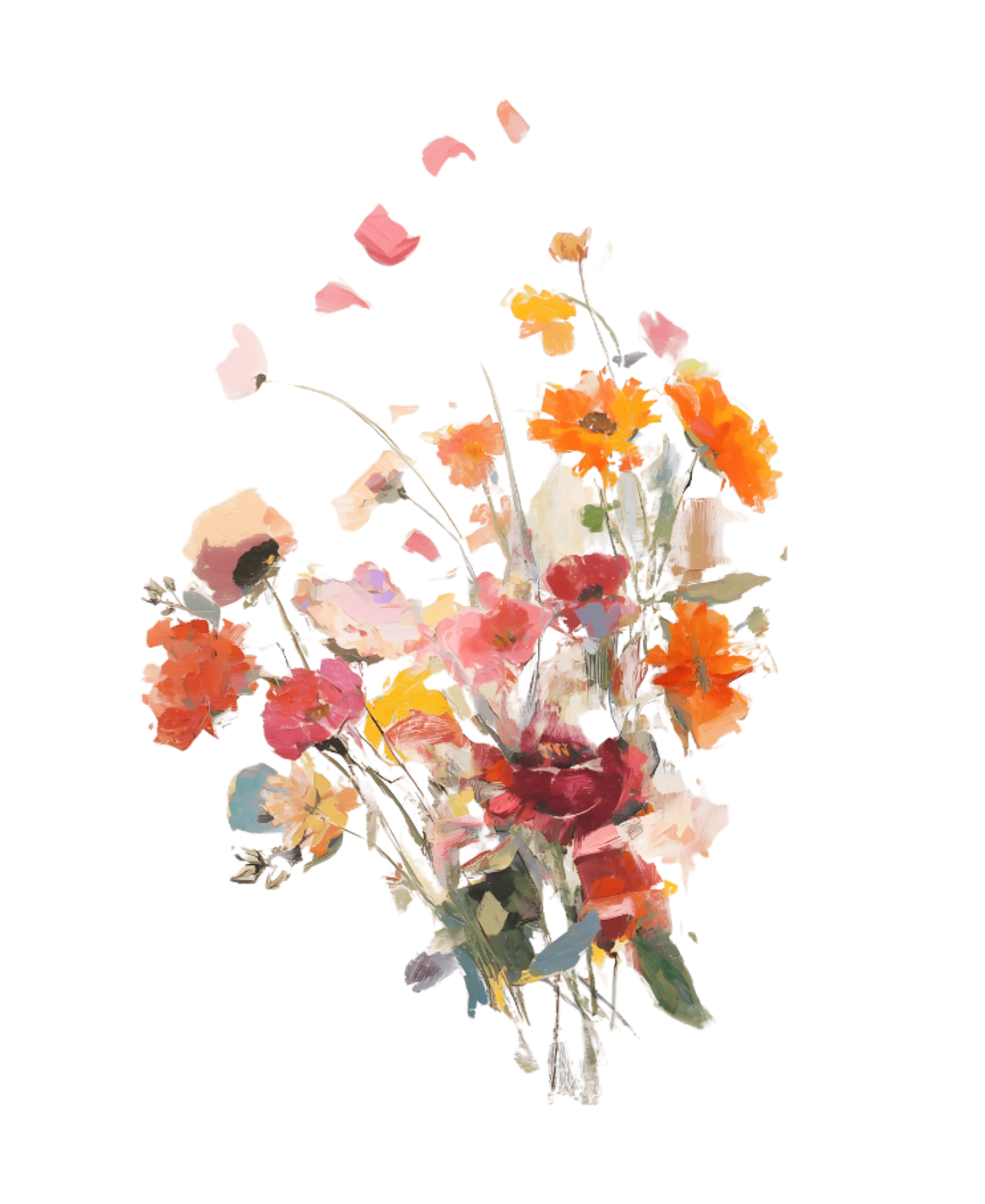 Impressionistic painting of a colorful flower bouquet with scattering petals.