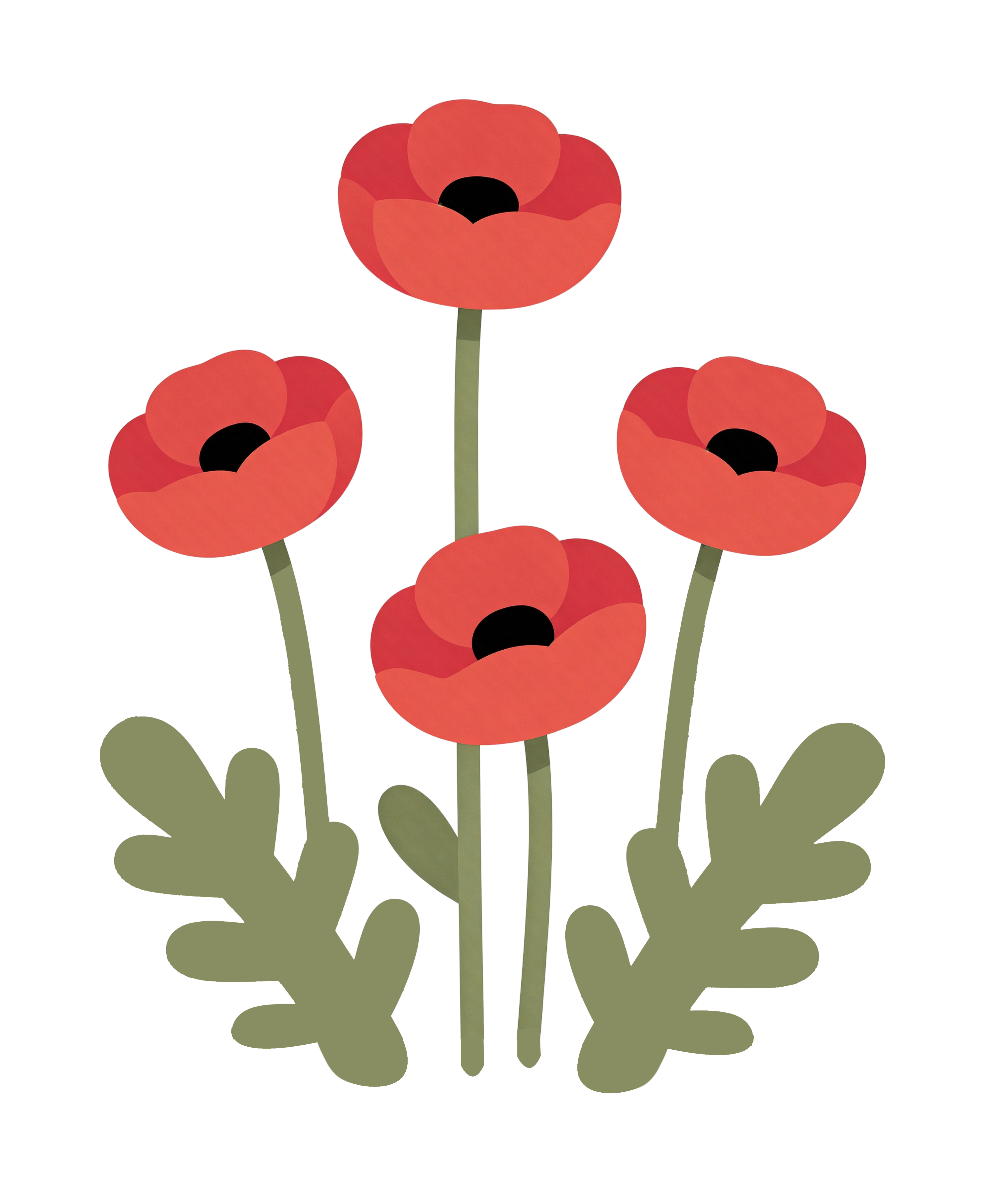 Empat bunga poppy merah dengan batang dan daun hijau.