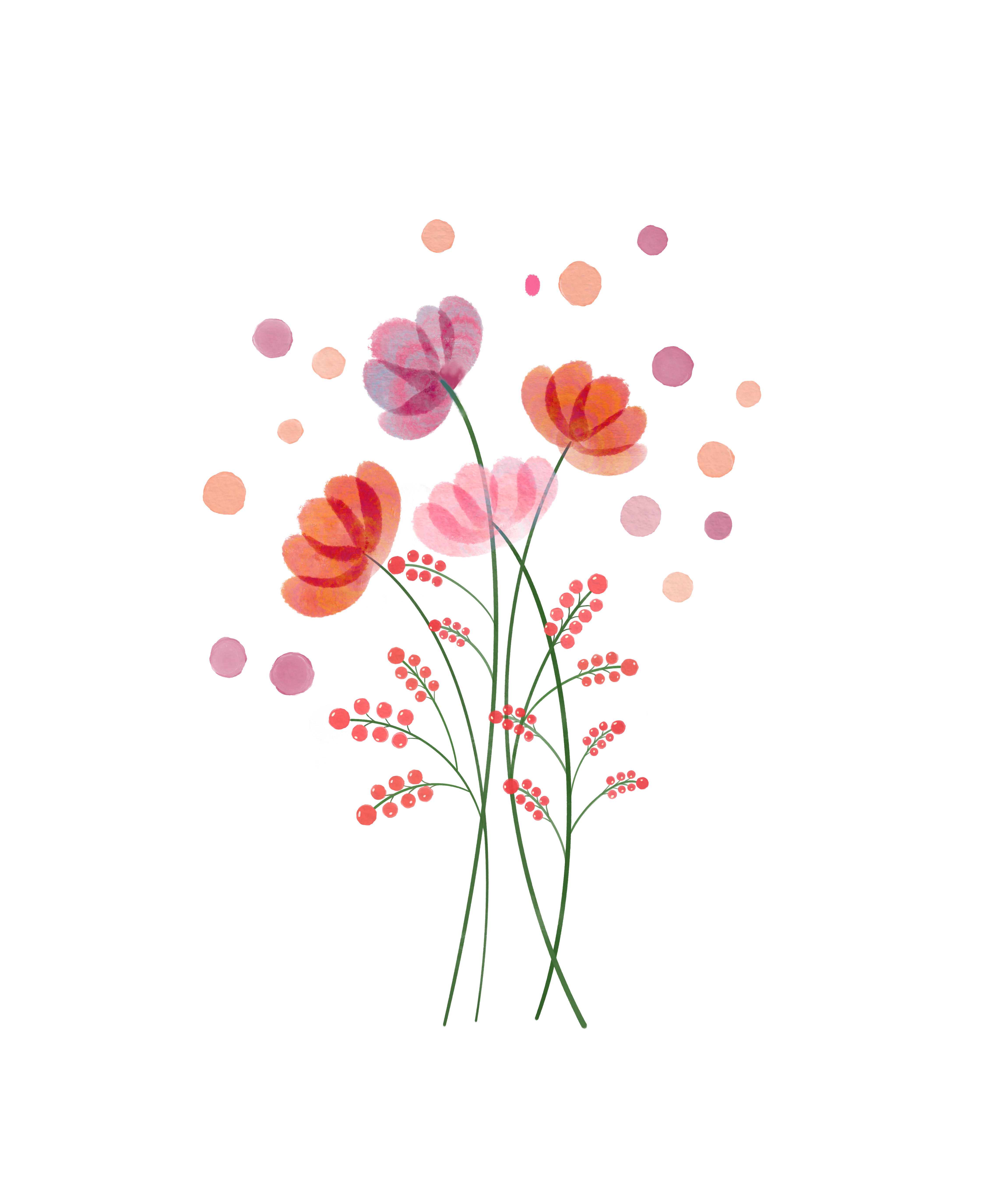 Delicadas flores rosas e roxas com frutas e pontos espalhados