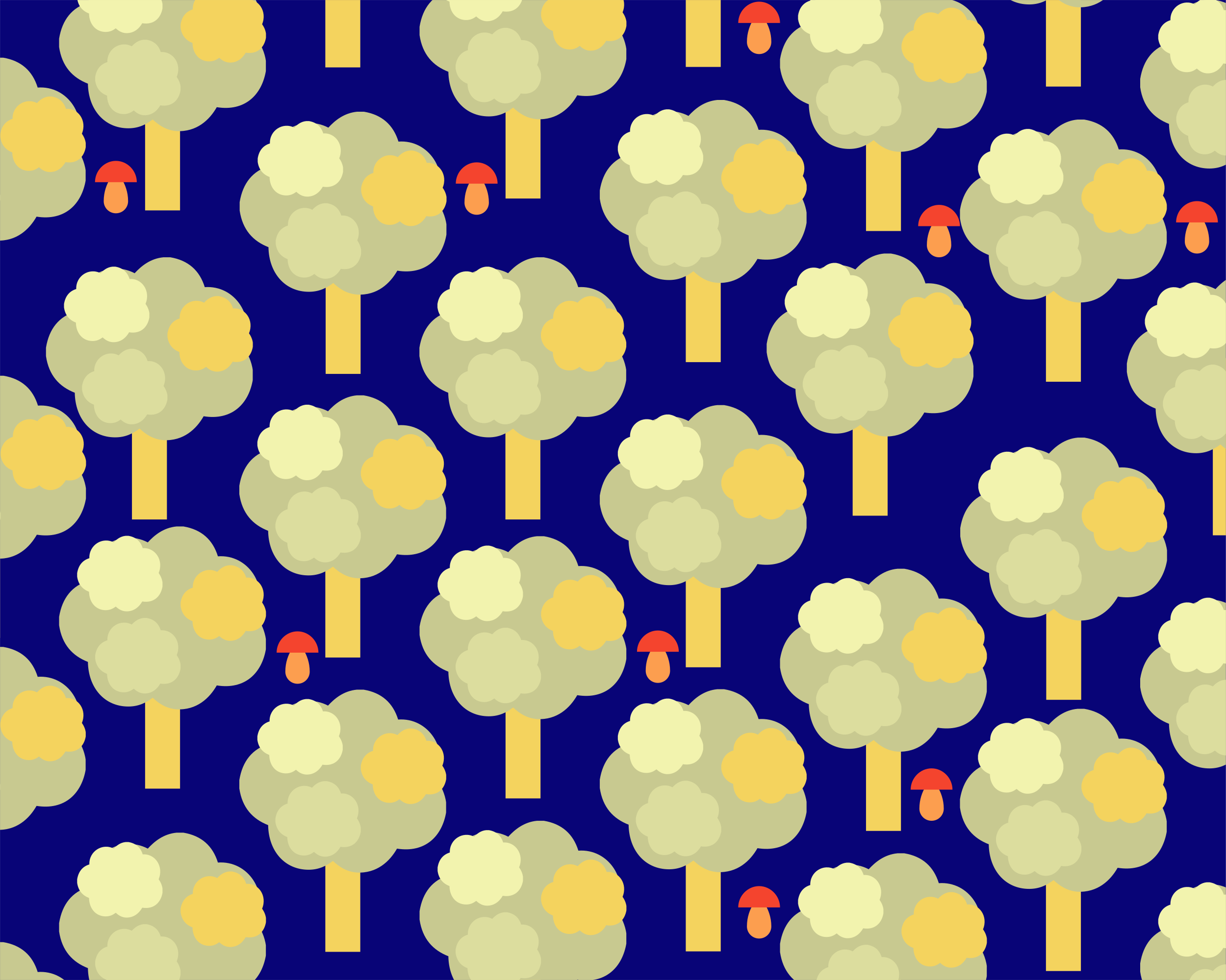 Repeating pattern of stylized trees and mushrooms on blue.