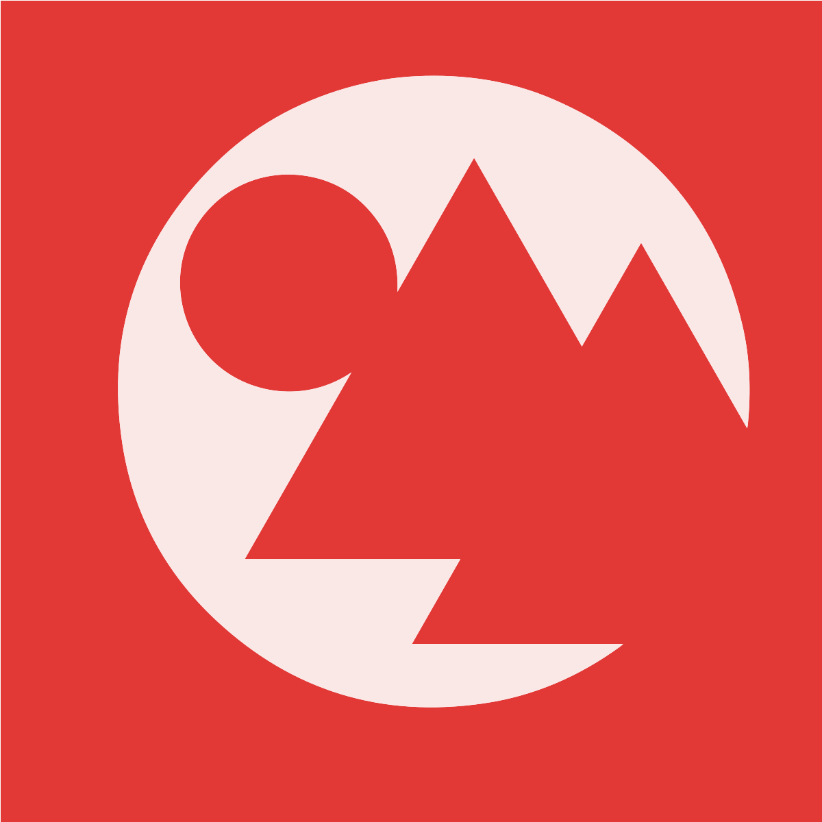 Desain gunung dan matahari putih abstrak dengan latar belakang merah.