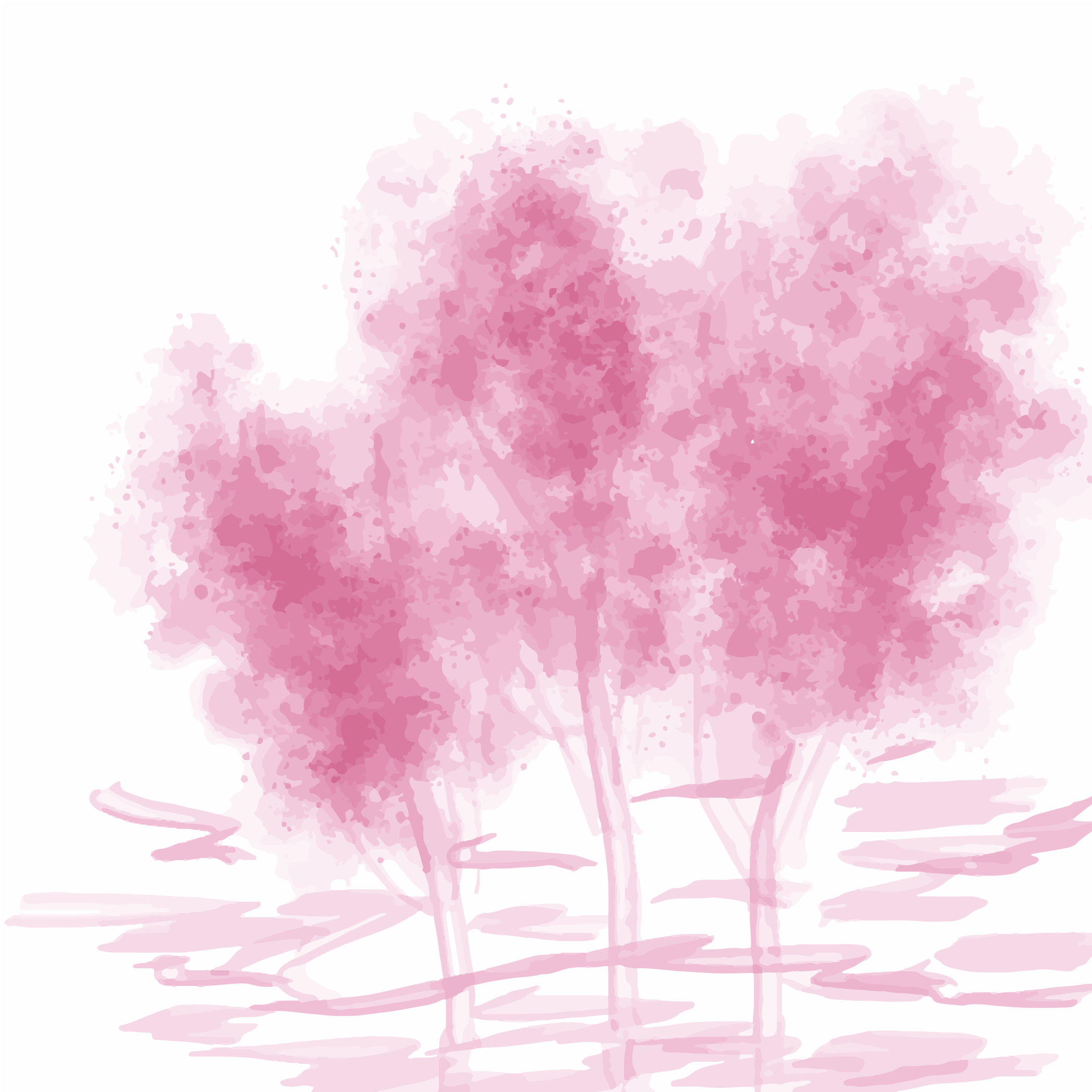 Abstract pink watercolor trees on a white background.