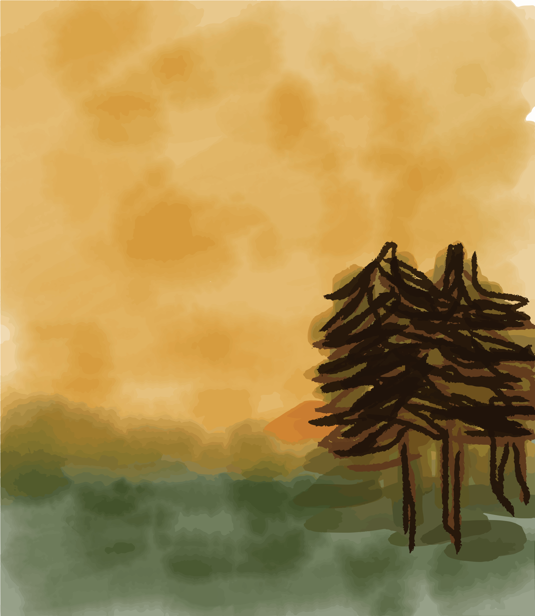 Paisagem em aquarela com árvores e um céu laranja.