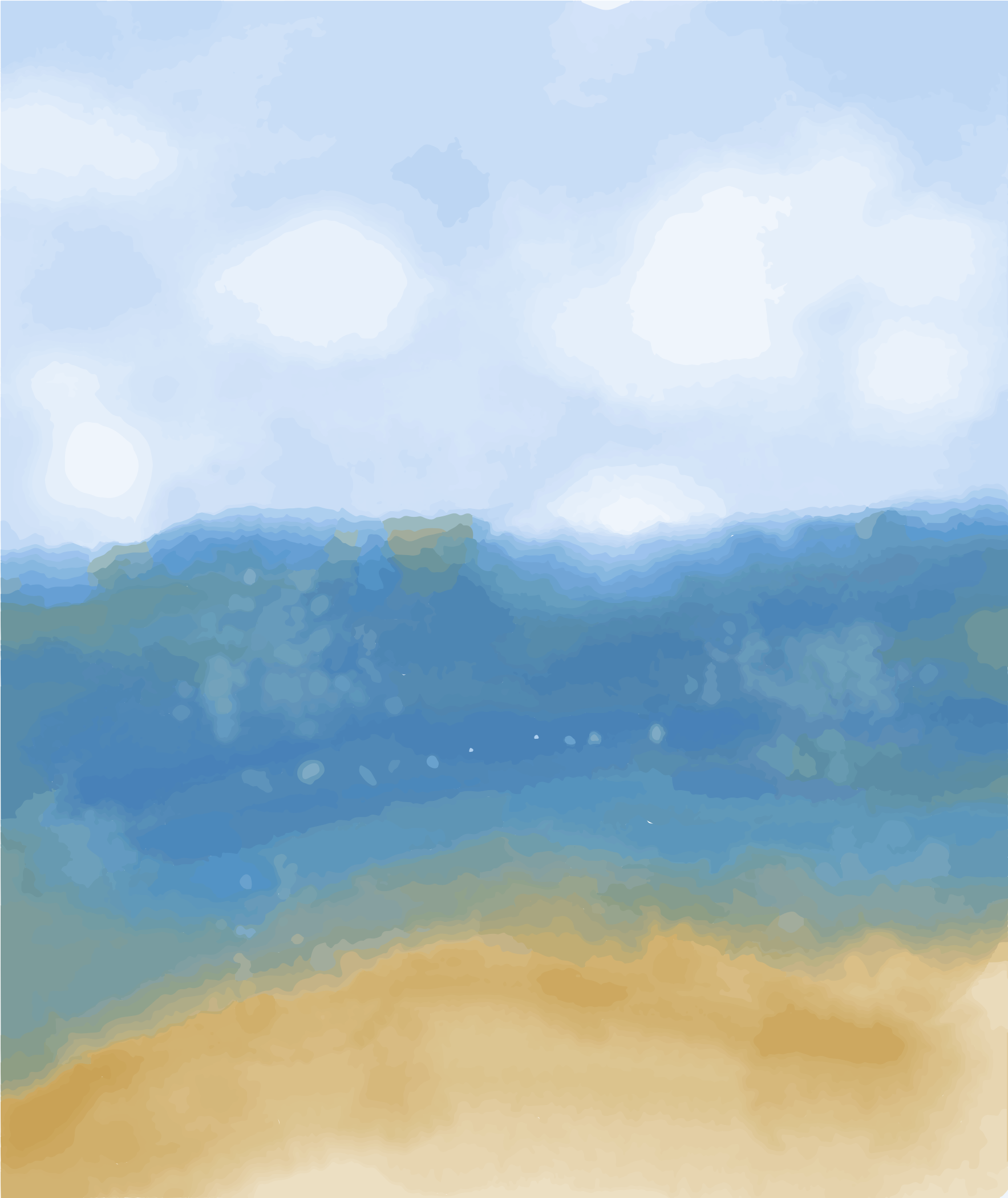 Escena serena de playa en acuarela con océano azul y cielo nublado.