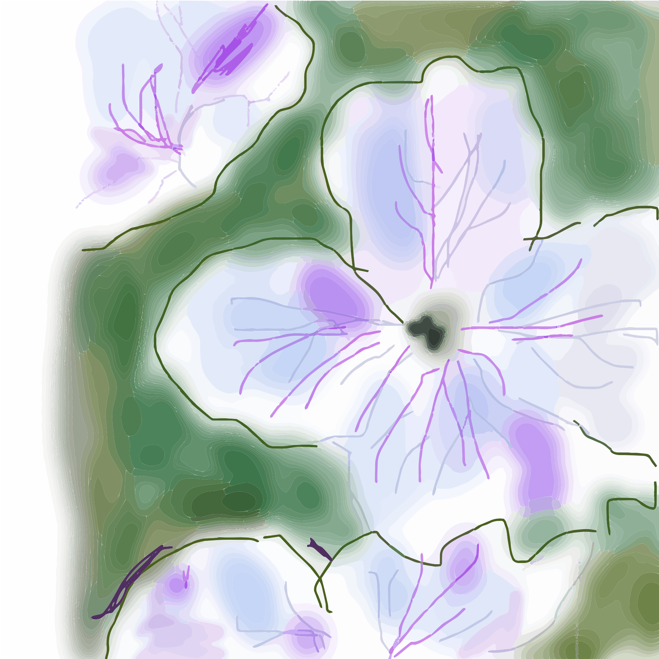 Fleurs stylisées blanches et violettes avec des feuilles vertes.