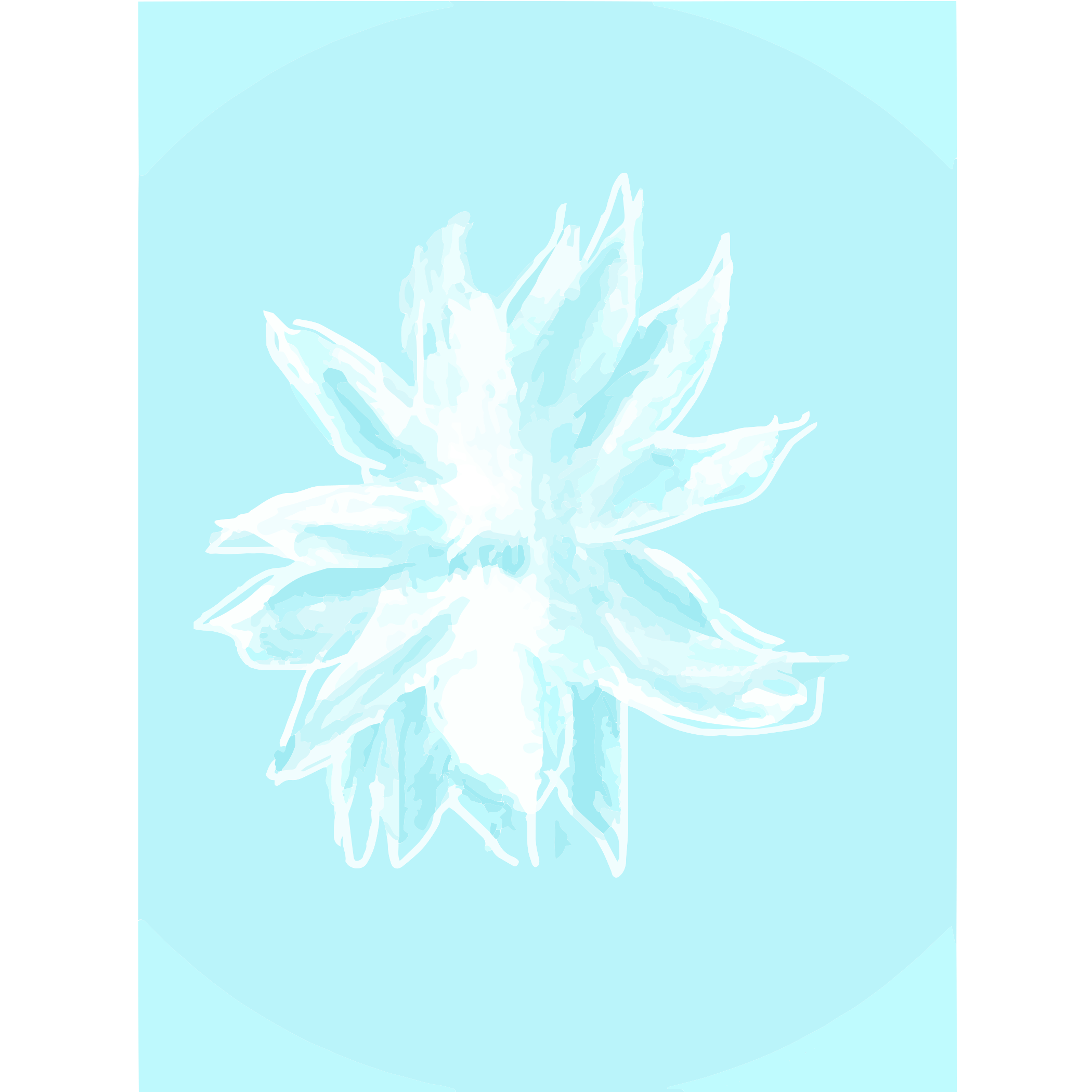 Eine weiße, blumenartige Form auf hellblauem Hintergrund.