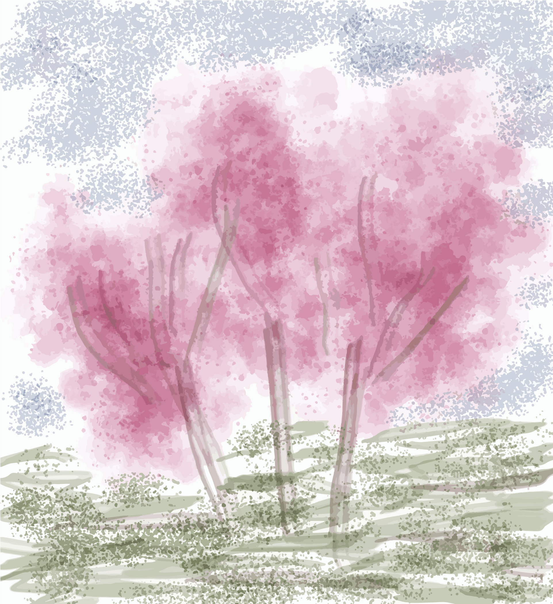 Acquerello di alberi rosa sotto un cielo nuvoloso