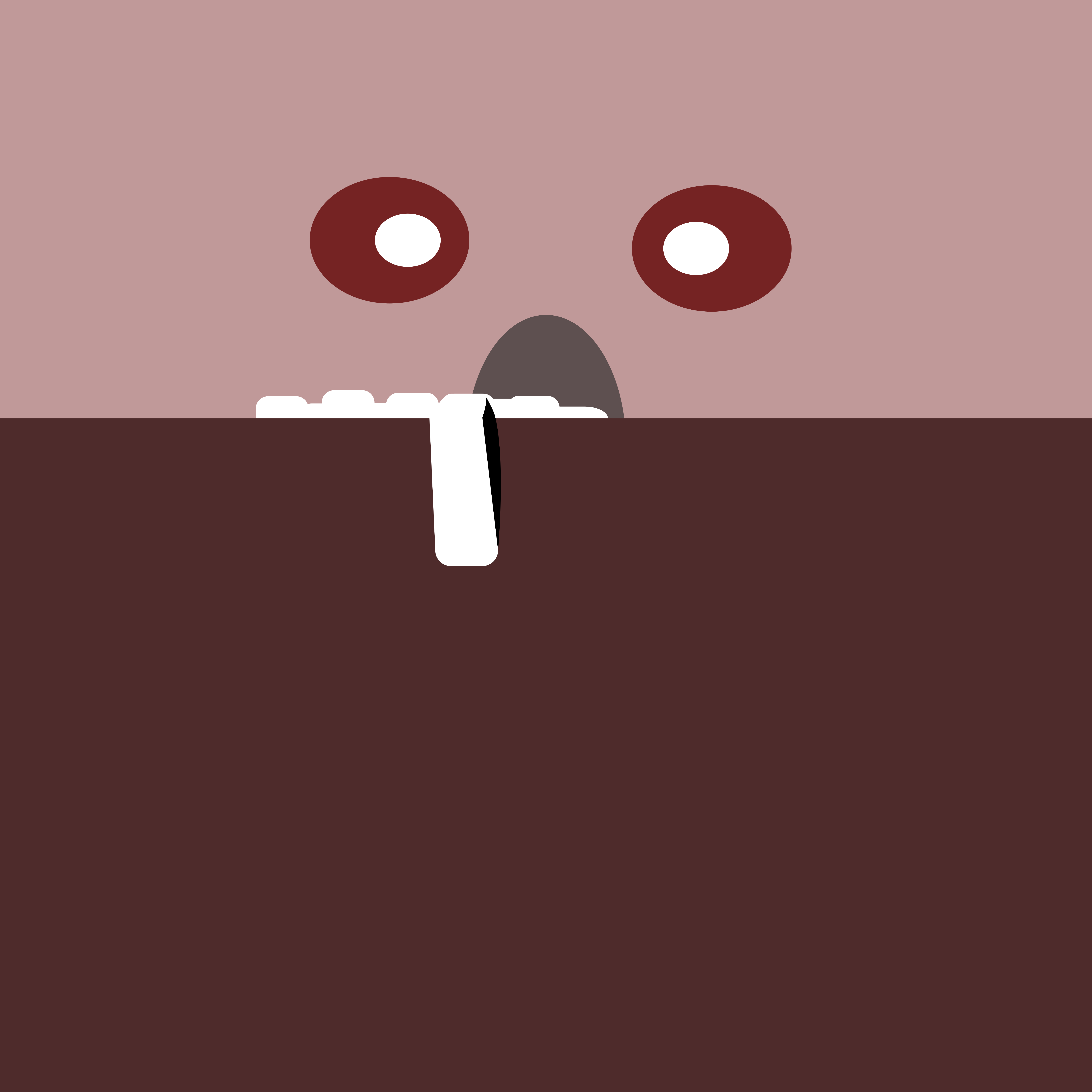 Una cara de zombi de dibujos animados asomando por encima de una superficie oscura.
