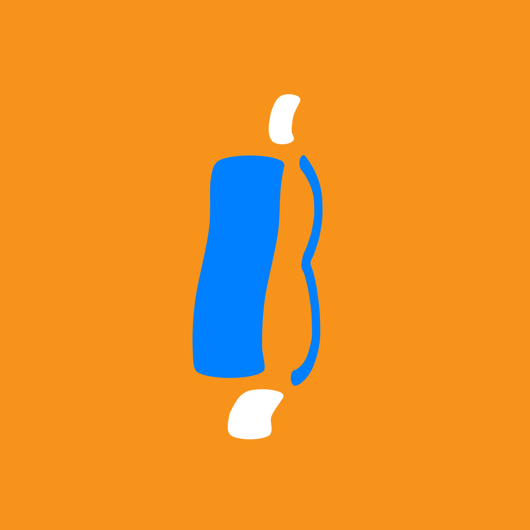 Forma abstracta azul y blanco sobre un fondo naranja sólido.
