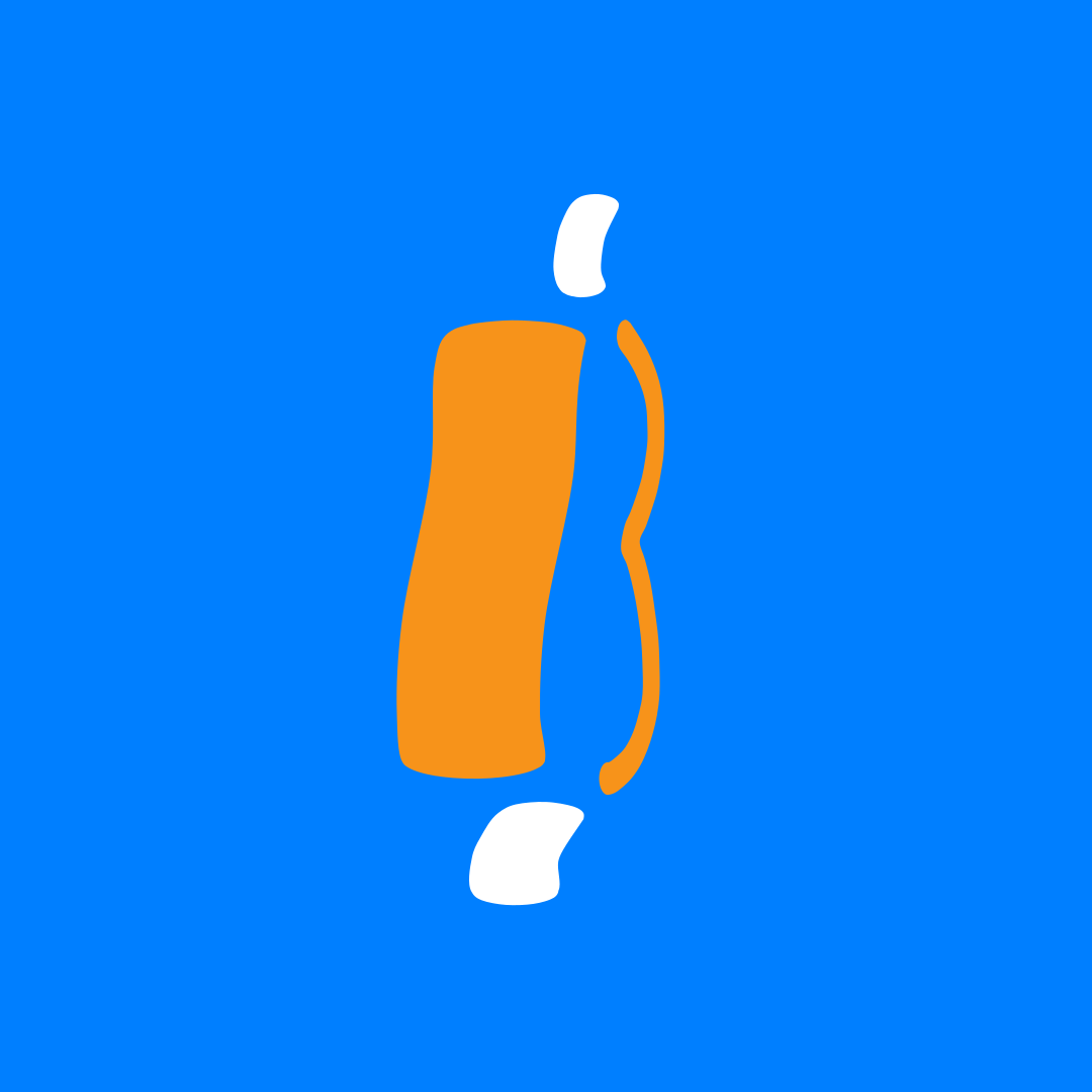 Eine abstrakte orange-weiße Form auf blauem Hintergrund.