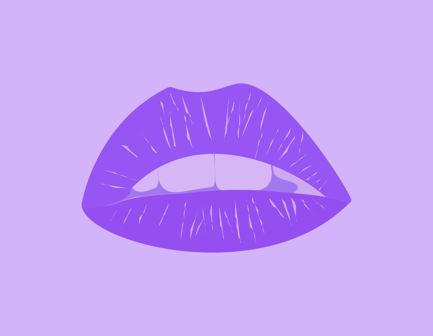 Lábios roxos com dentes visíveis sobre um fundo roxo claro.