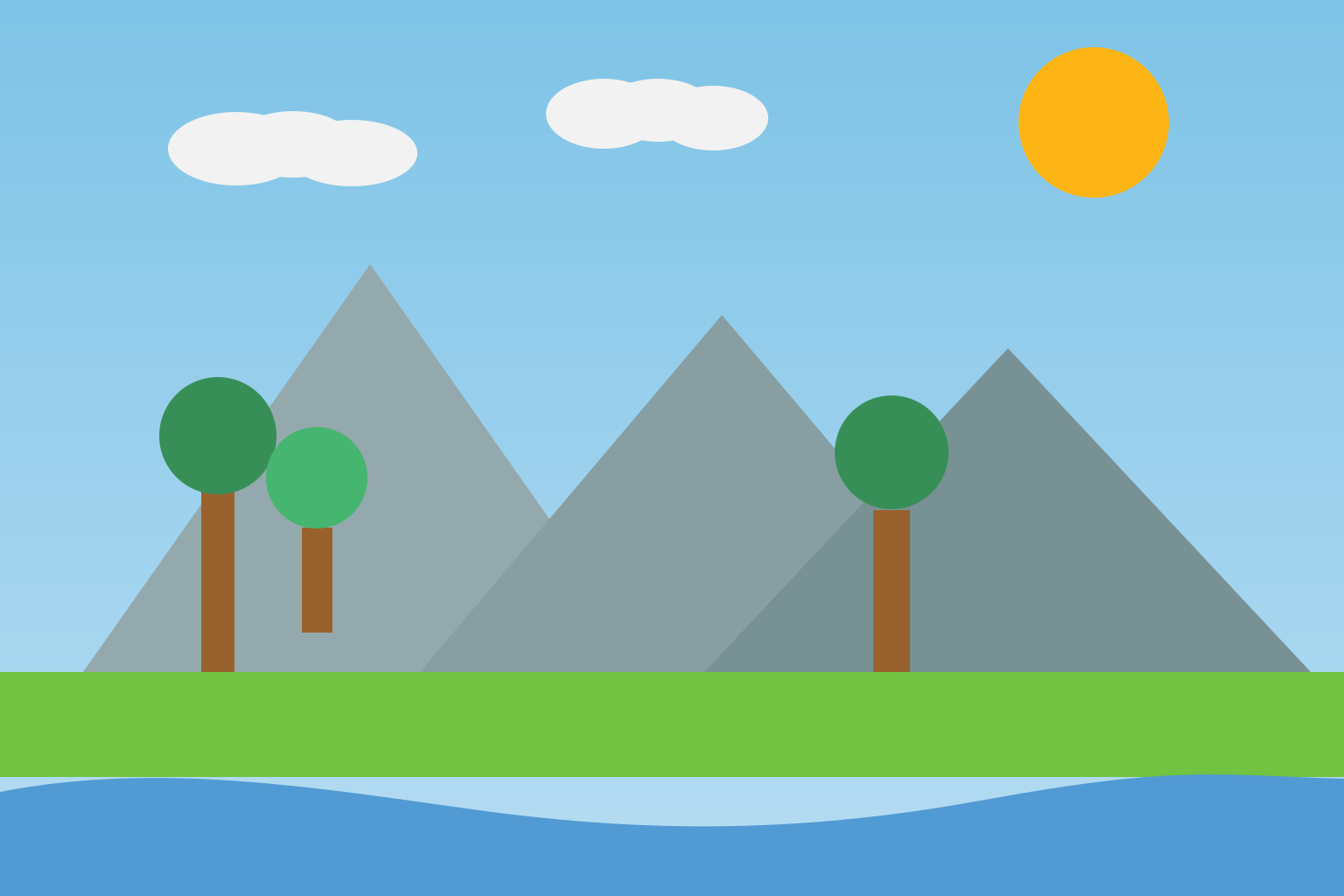 Stylized landscape with mountains, trees, river, sun, and clouds.