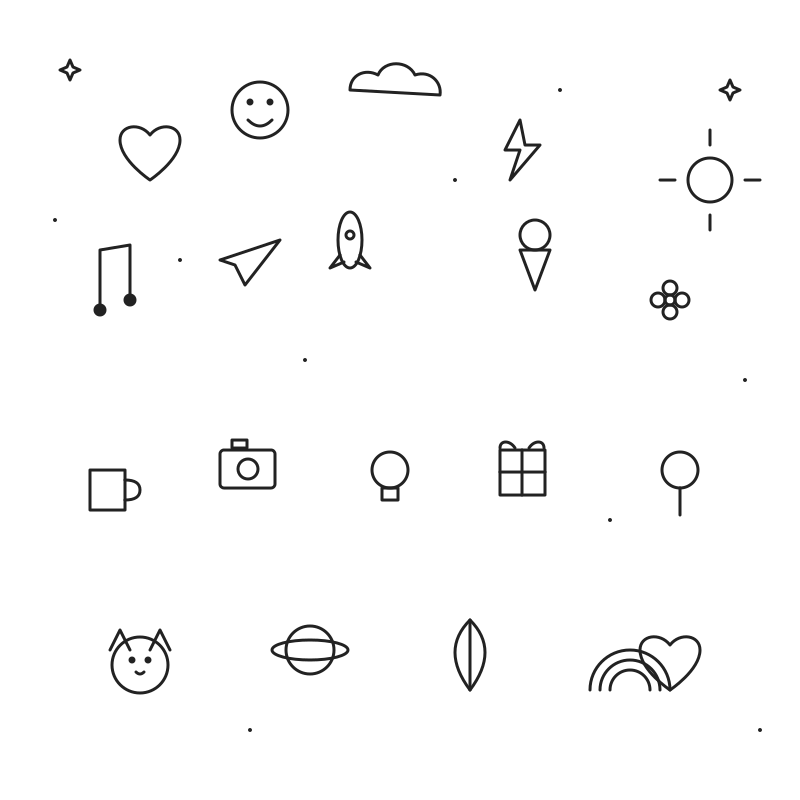 Coleção de ícones simples de arte lineal sobre fundo branco.