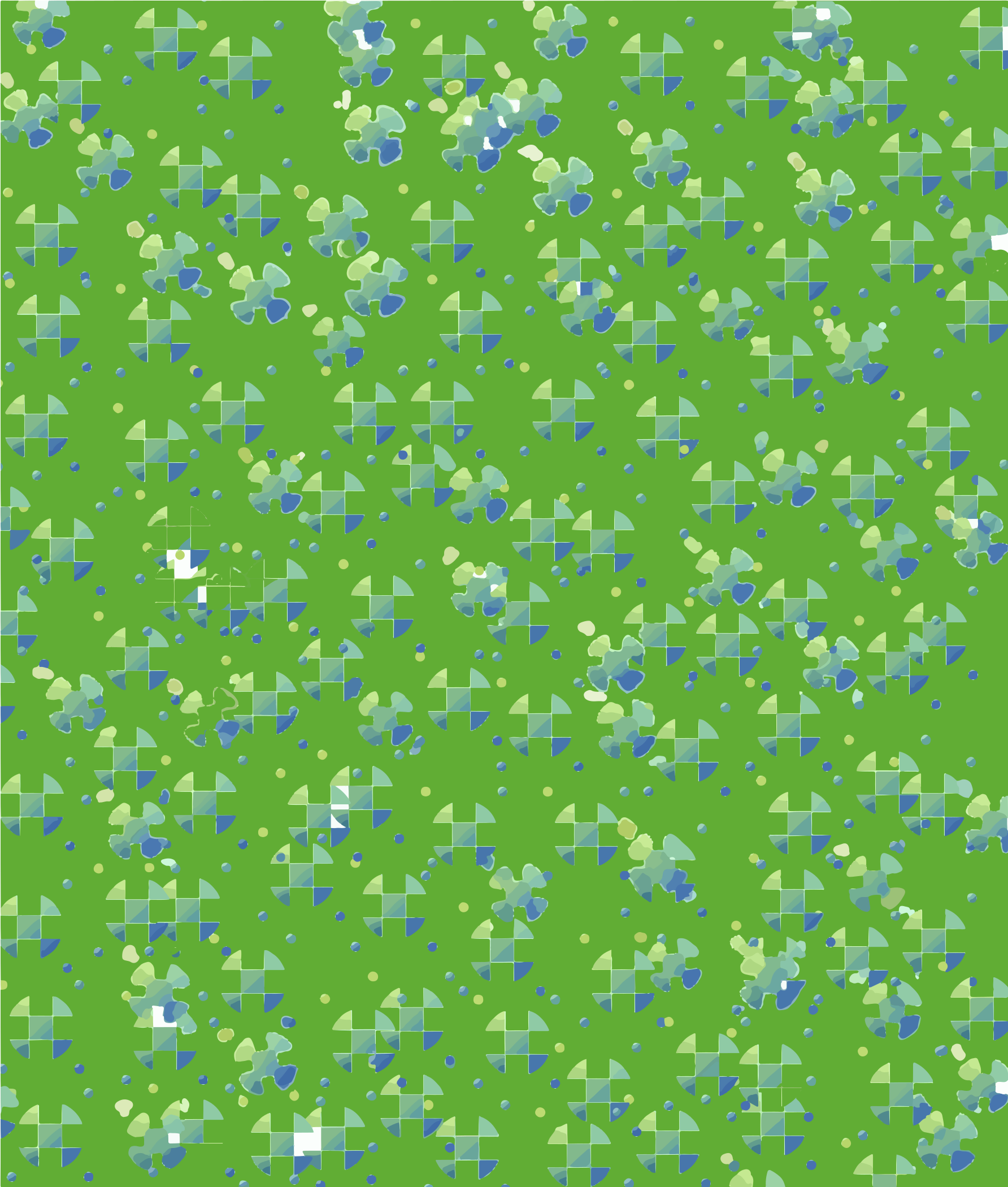 Fond vert vif avec des formes abstraites éparpillées en bleu et vert