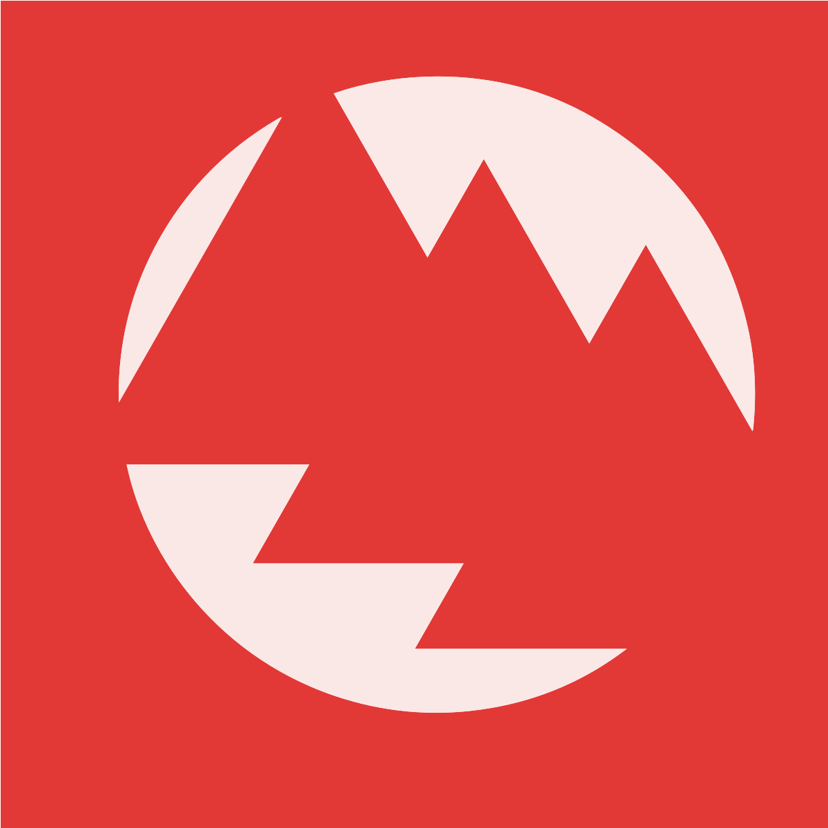 White stylized mountains in a circle on a red background.