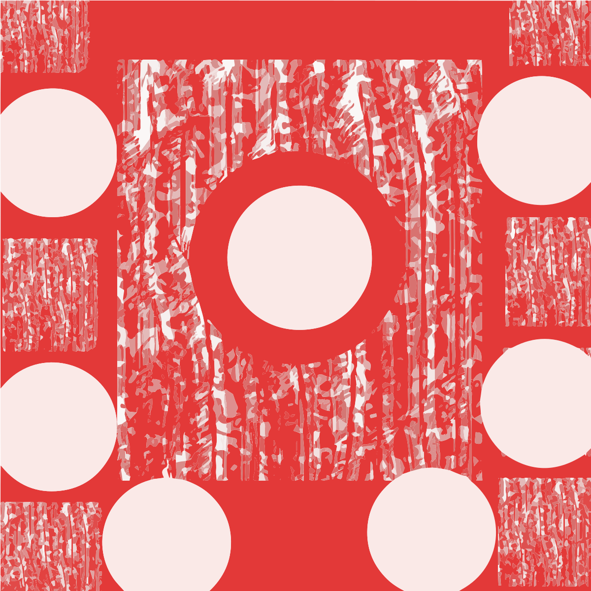 Patrón abstracto rojo con círculos blancos y rectángulos texturizados.