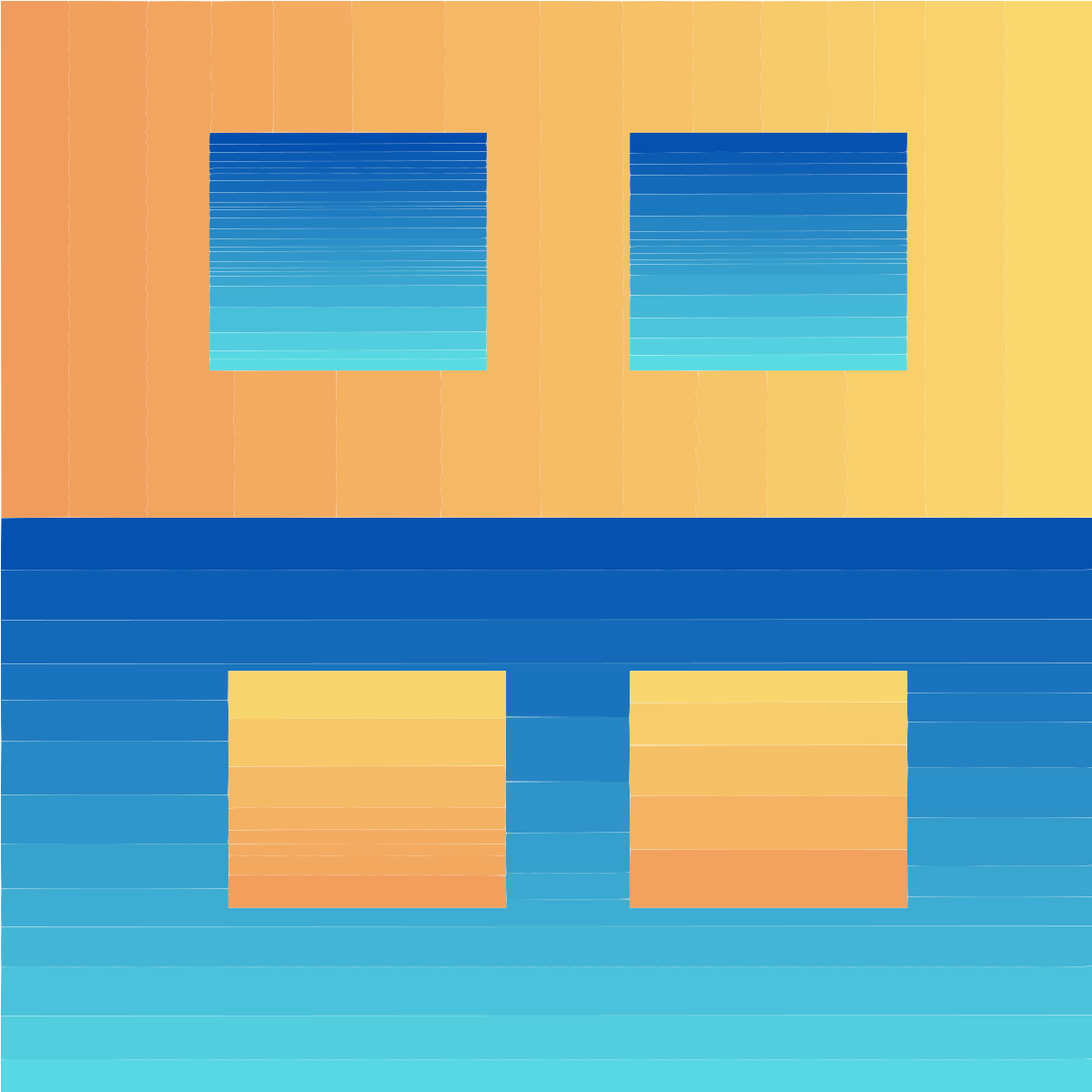 Abstract design with orange and blue squares and horizontal lines