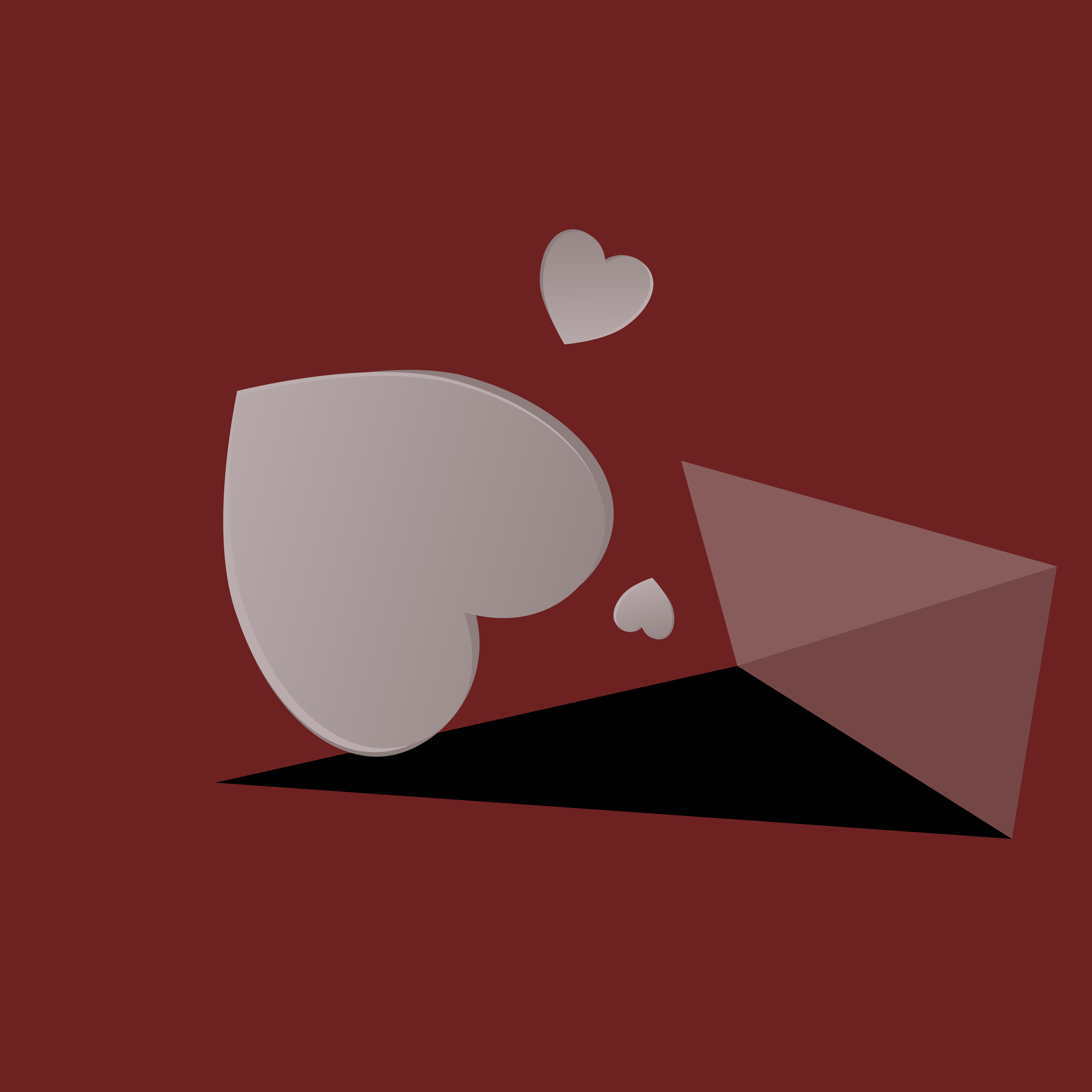 Corazones grises y un sobre sobre un fondo rojo oscuro