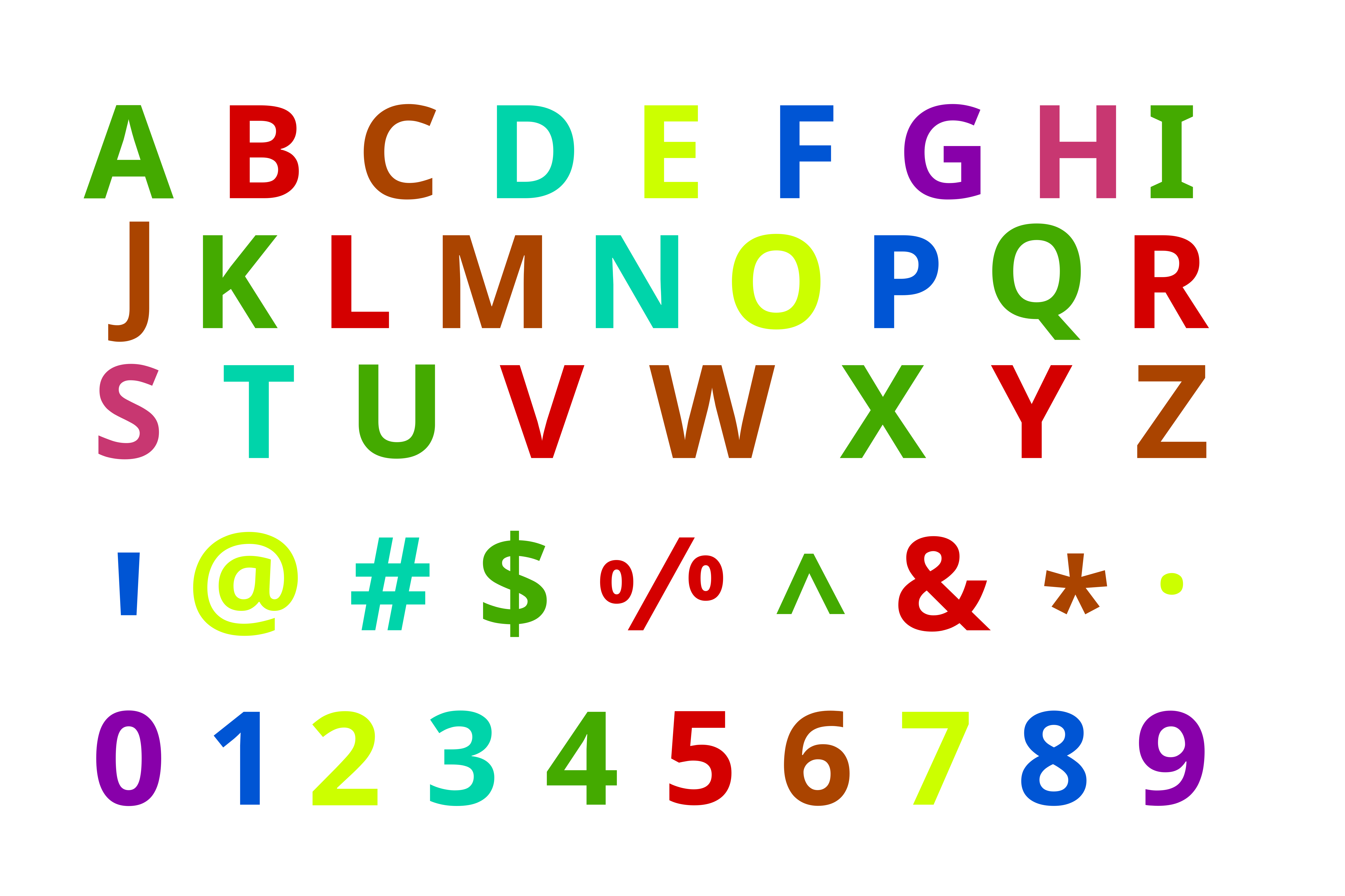 白地にカラフルな大文字のアルファベット、数字、記号が描かれています。