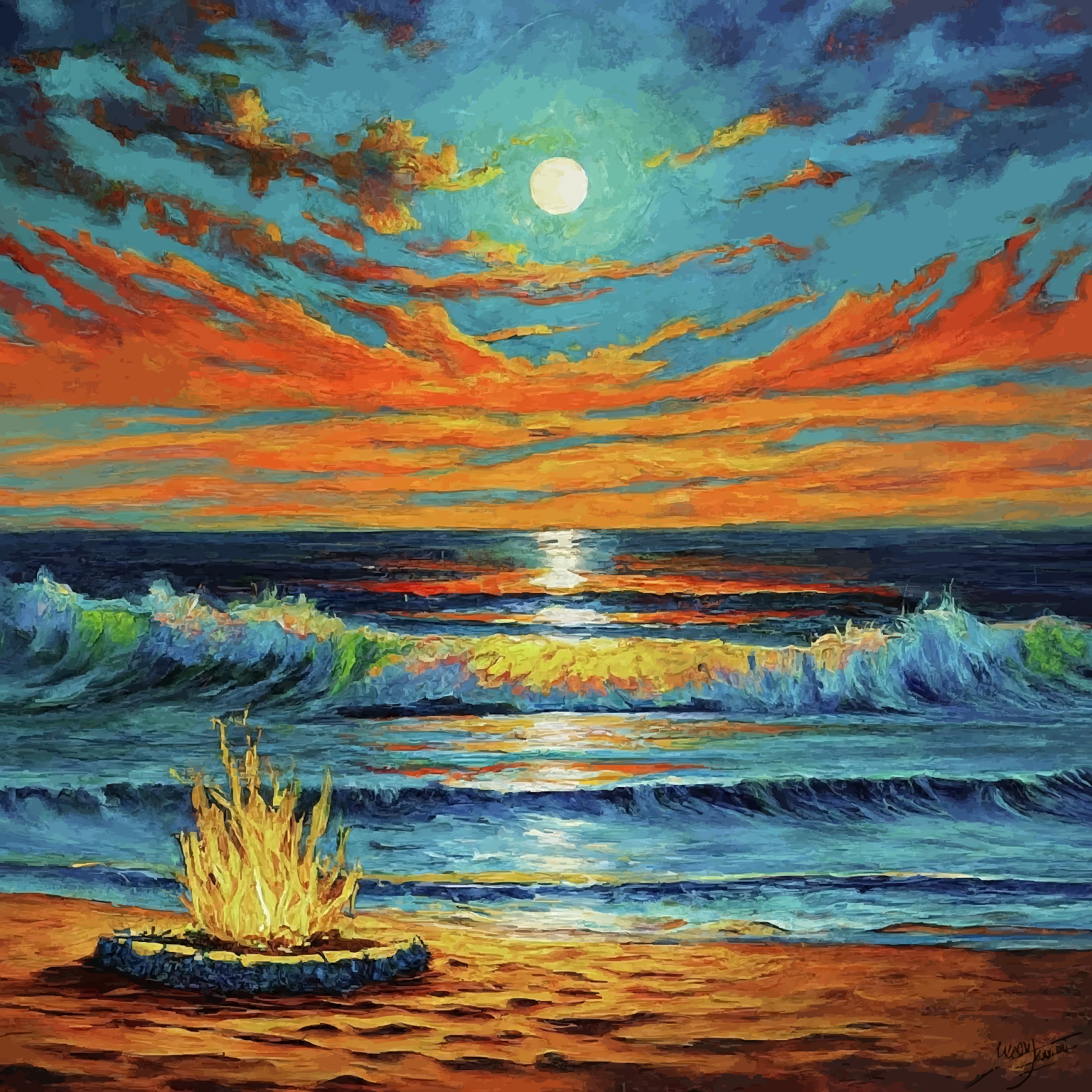 Des vagues de lune éclairées par la lune et un feu de camp sur une plage animée.