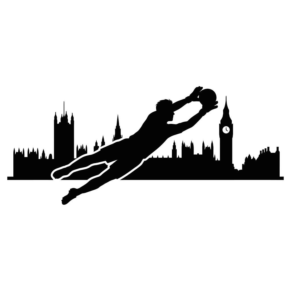 Silhouette of a diving goalkeeper over london skyline.