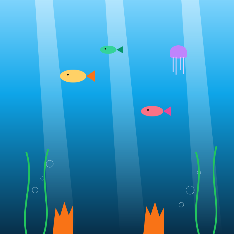 Cartoon-Unterwasserszene mit Fischen, Quallen und Seetang.