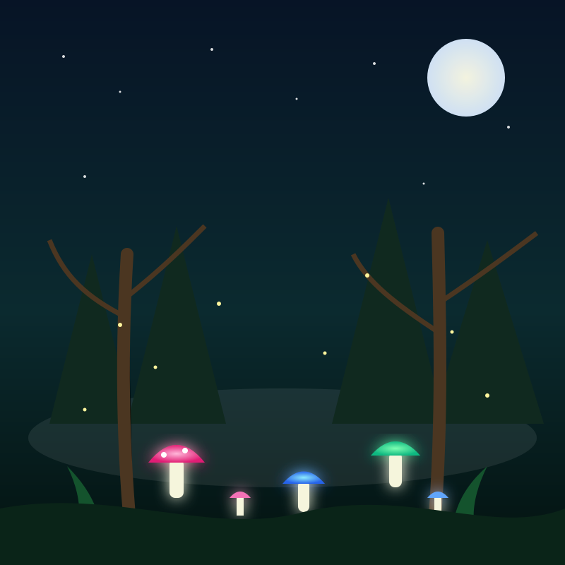 満月の夜の輝くキノコ。