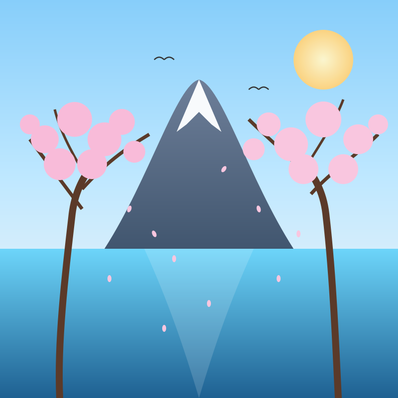 桜の花、太陽、水面の反射が特徴的な様式化された山。