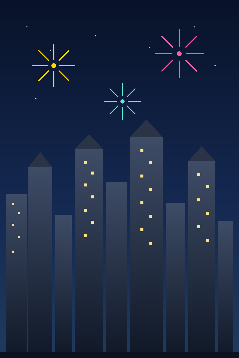 I fuochi d'artificio illuminano lo skyline scuro di una città di notte.