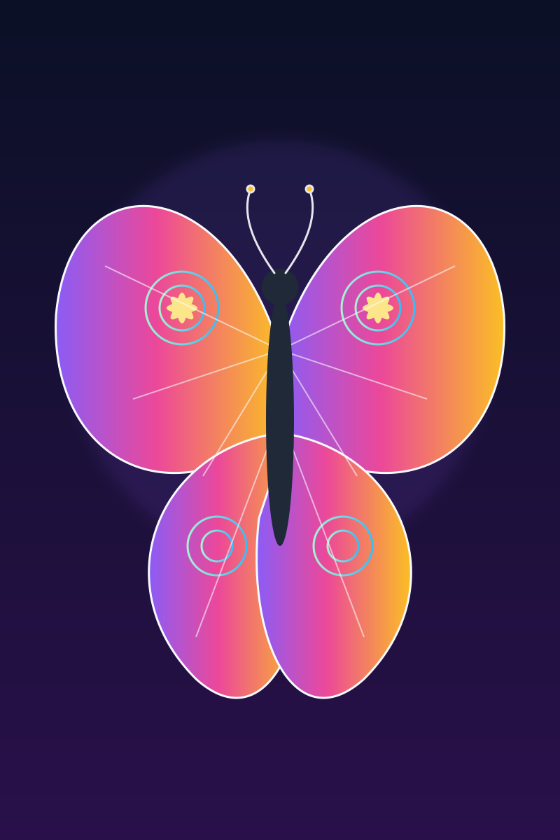 Papillon en dégradé coloré avec des motifs complexes sur fond sombre.