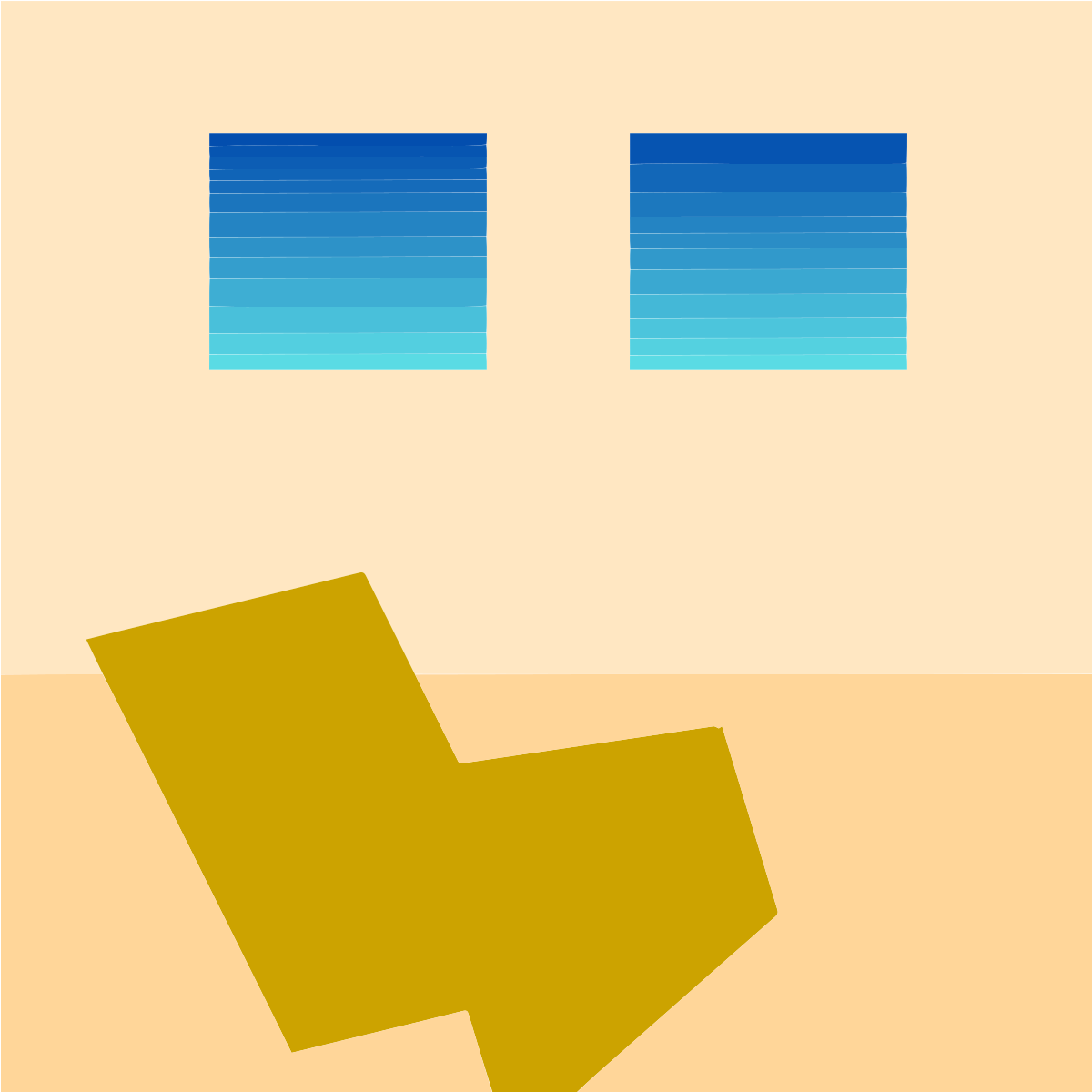 Two blue windows above a yellow lightning bolt shape