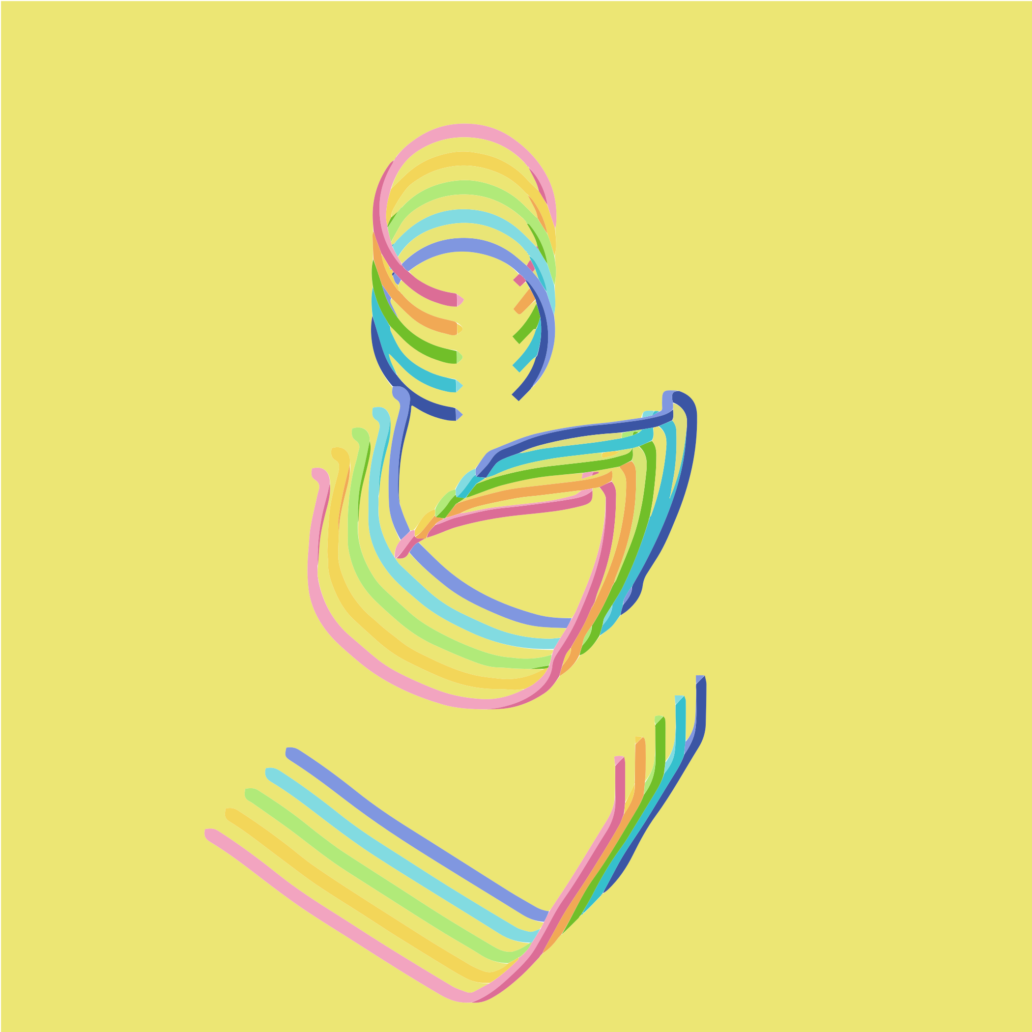 Linee astratte arcobaleno che formano una figura su uno sfondo giallo