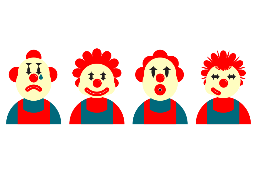Quattro clown che mimano emozioni diverse