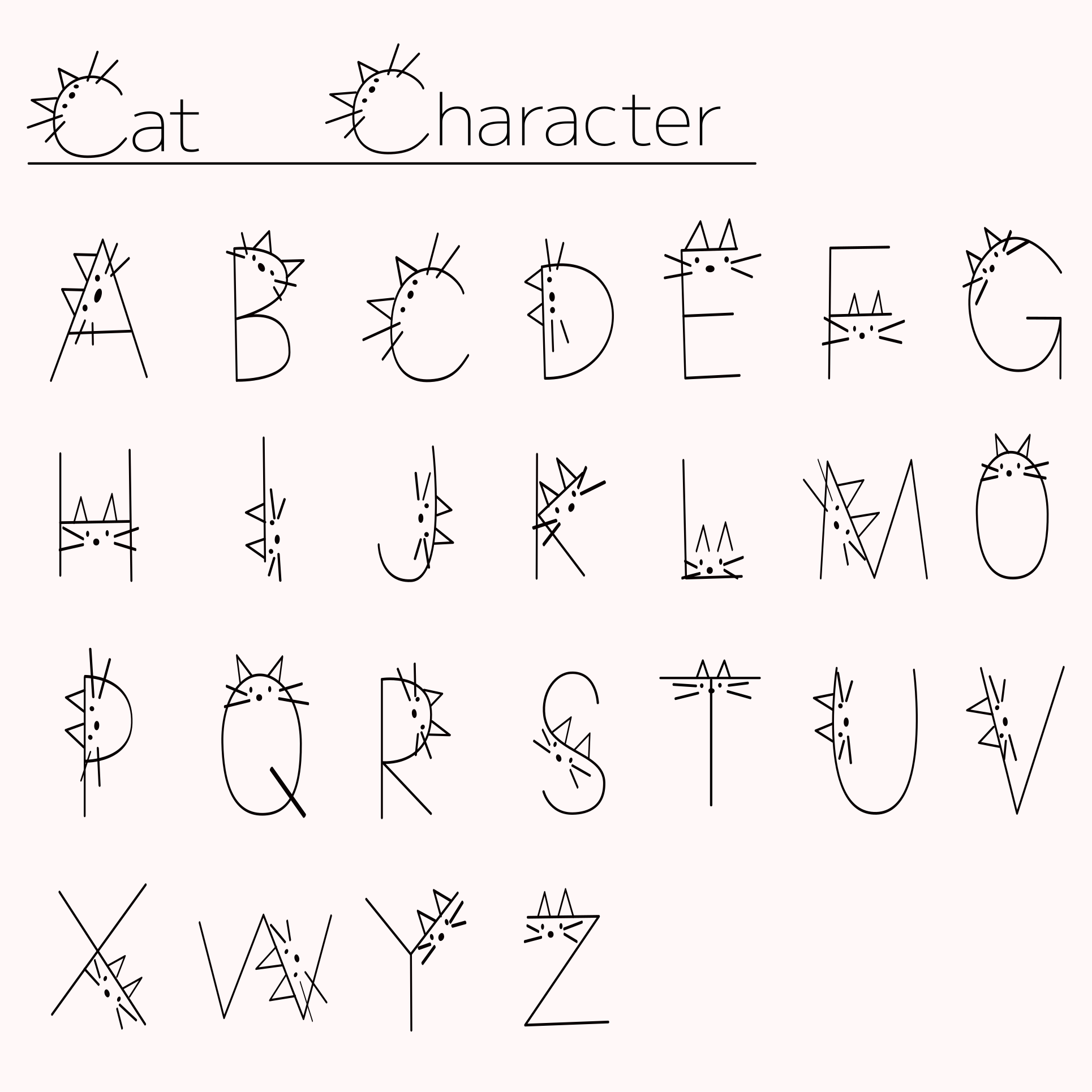 明るい背景に猫のキャラクターとしてスタイライズされたアルファベットの文字。