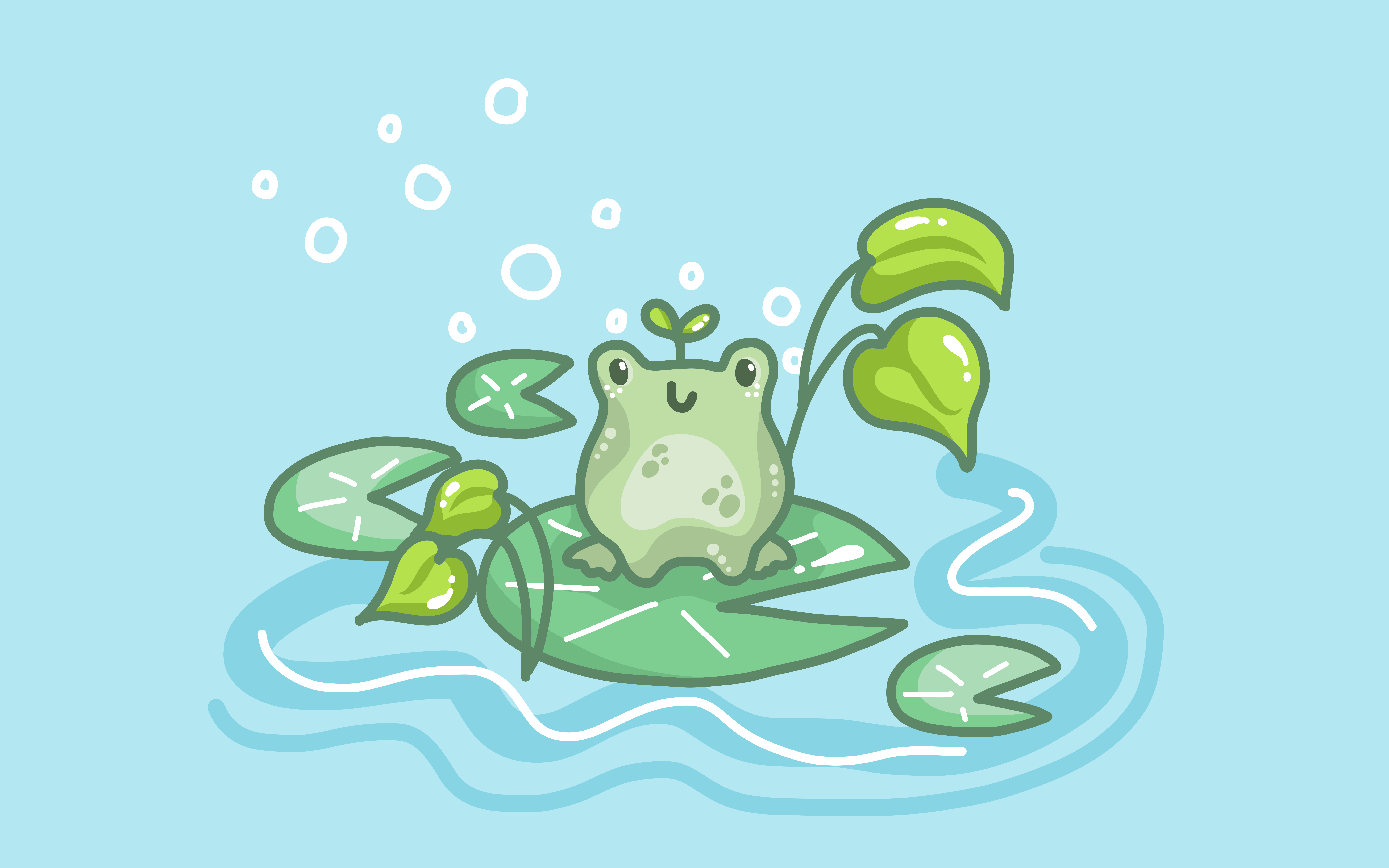 Sapo de desenho animado adorável em uma folha de lírio em água azul