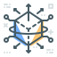 A stylized 3D geometric shape with arrows and connected nodes