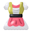 Gaun dirndl kartun berwarna-warni dengan sabuk hitam.