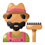 Fazendeiro de desenho animado com chapéu, barba e ancinho.