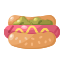 A cartoon hot dog with mustard and green relish.
