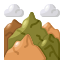Stilisierte grüne und braune Berge mit zwei weißen Wolken darüber.