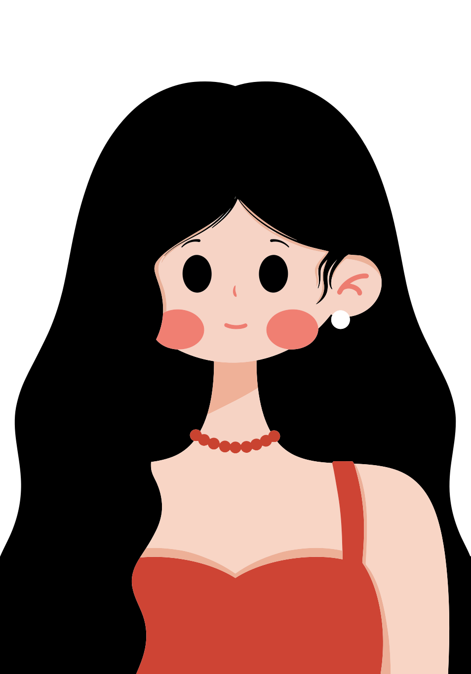 Cartoon woman with long black hair and a red dress
